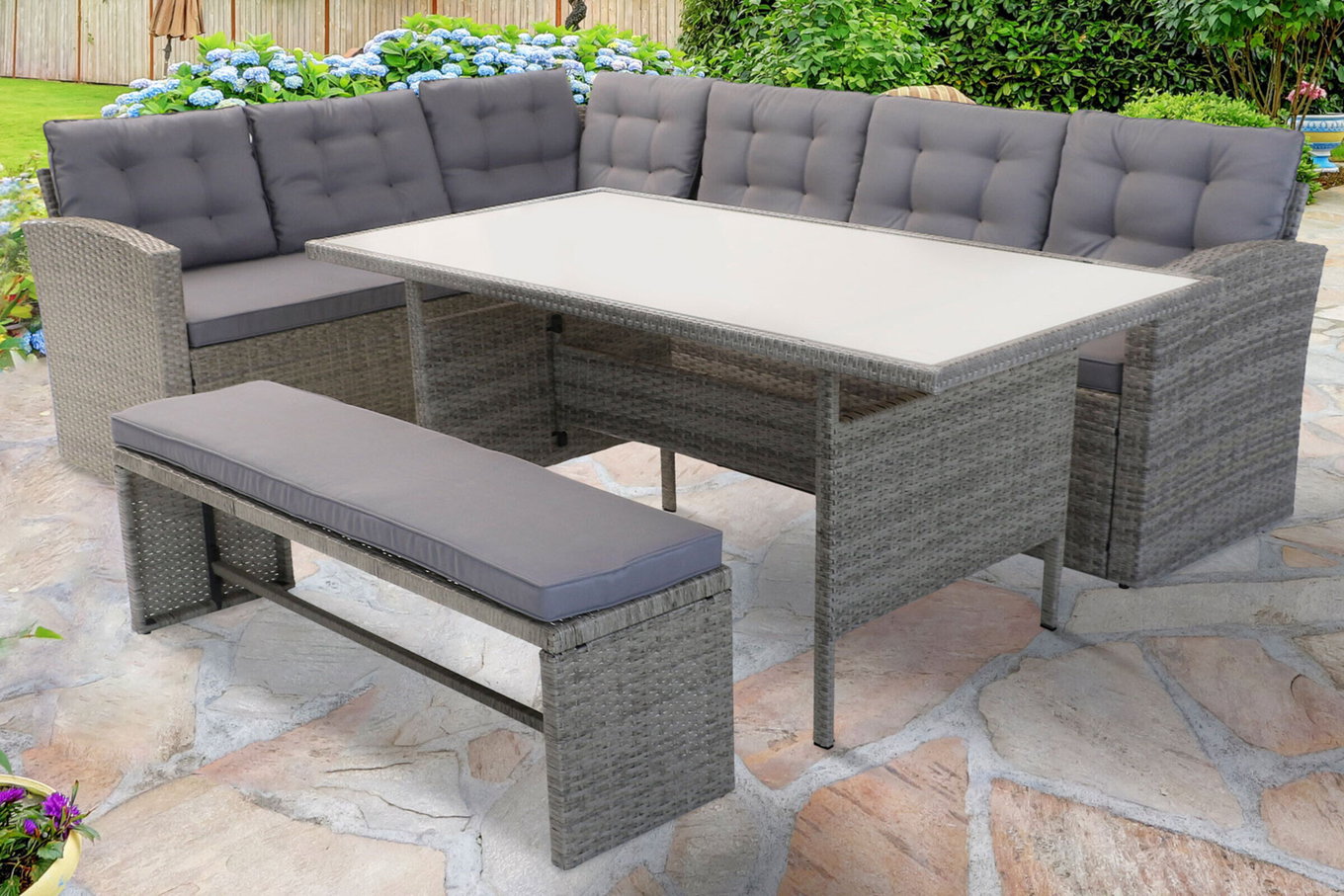 OUTFLEXX Lounge da giardino, grigio chiaro melange/grigio, polyrattan/poliestere, tavolo 145x79cm, 4 pz., 7 pers., incl. imbottitura 20396__1