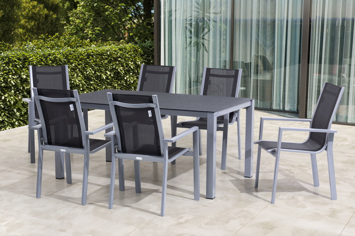 OUTFLEXX Gruppo pranzo da giardino, argento/antracite, Alu/Spraystone/Textilene, 160x95 cm, 6 sedie impilabili 28173__1