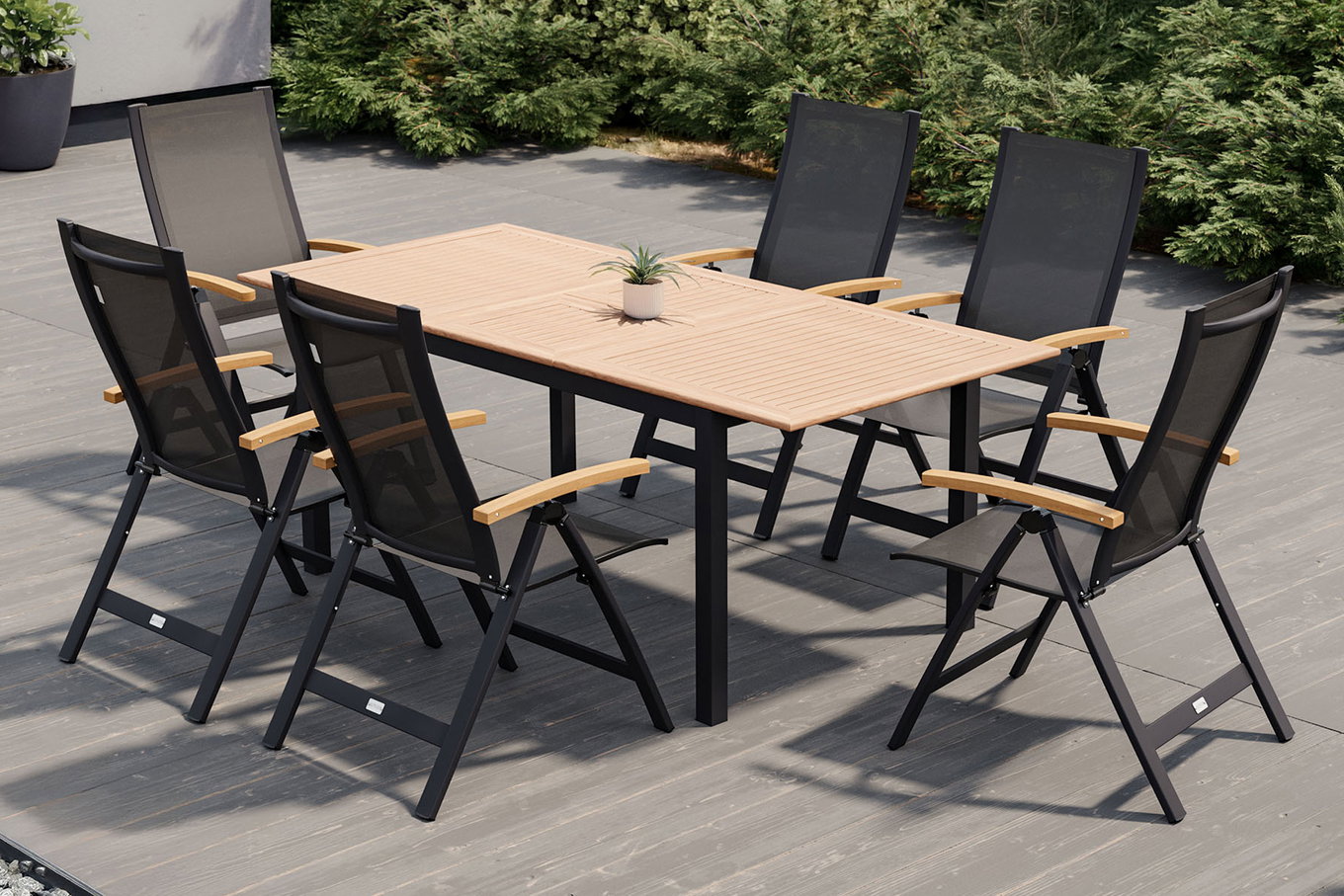 OUTFLEXX Set da pranzo da giardino, OUTFLEXX® antracite opaco, alluminio / teak / textilene, tavolo 150/210x90cm, 6 sedie pieghevoli 22167__1