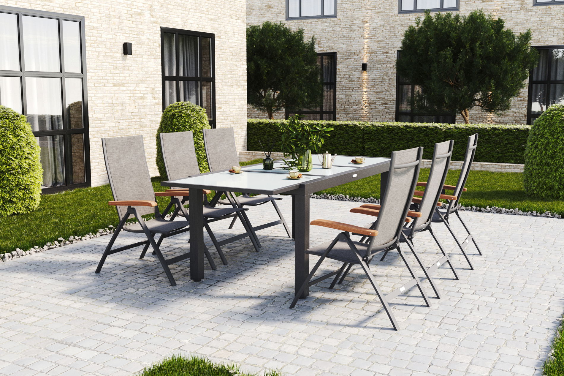 Set da pranzo da giardino VILLANA, antracite/grigio/bianco, alluminio/vetro/Textilene/legno di acacia, tavolo allungabile 160/220 x 90 cm, 6 sedie pieghevoli, allungabile