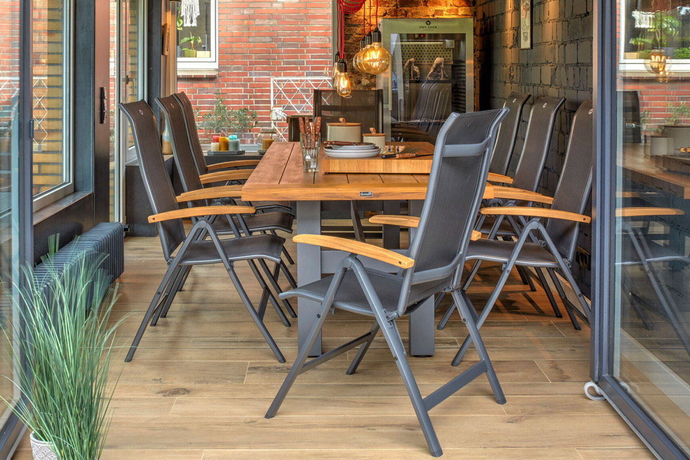 HARTMAN Yasmani/Alice Set da pranzo da giardino, xerix/naturale, Alluminio/Teak/2x2 Textilene, 240x100 cm, 8 sedie pieghevoli 24167__1