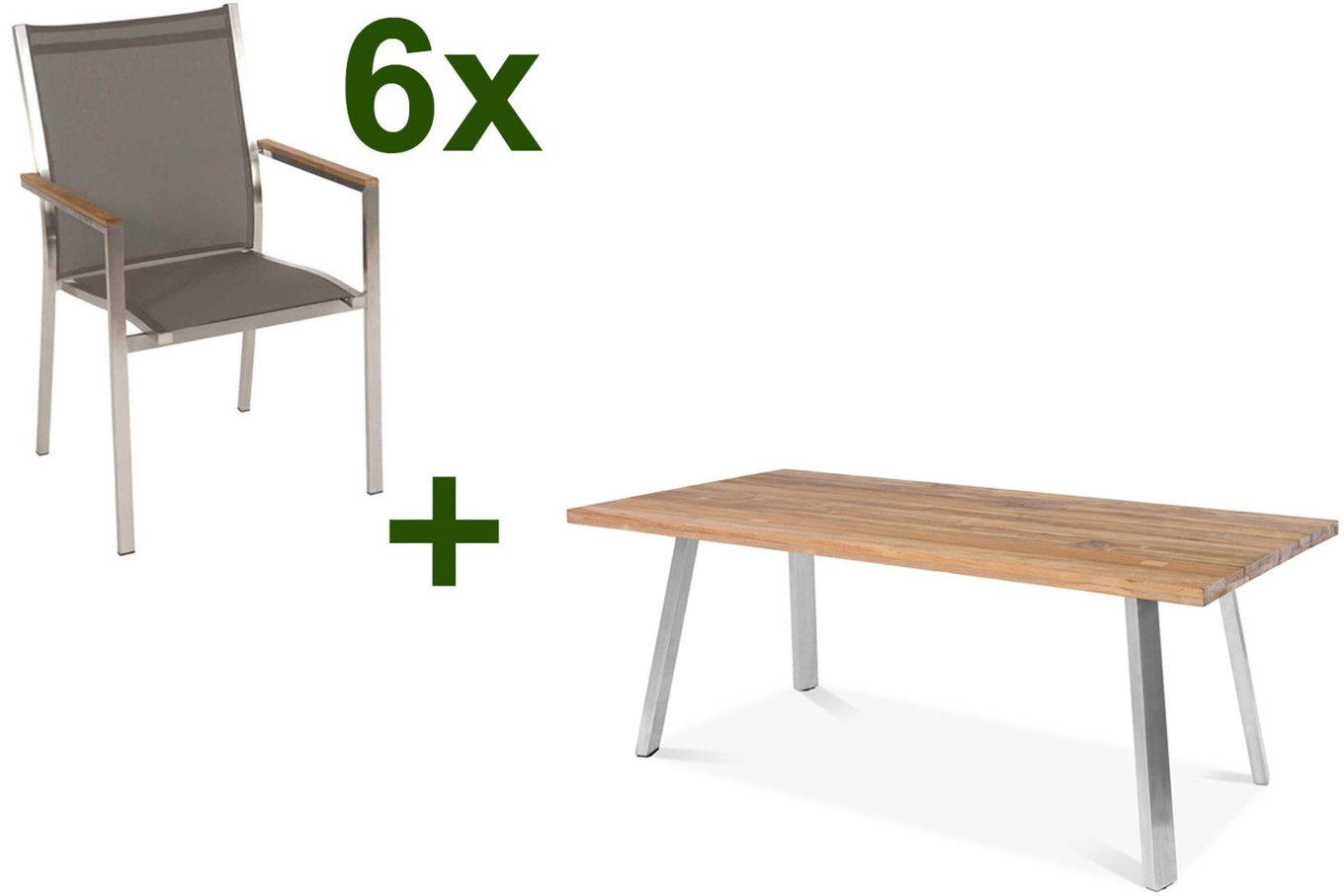 STERN Cardiff Set da pranzo da giardino, argento/taupe, acciaio inox/teak riciclato, tavolo con struttura ad A 220 x 100 cm, 6 poltrone impilabili, prodotto certificato FSC® 19715__1