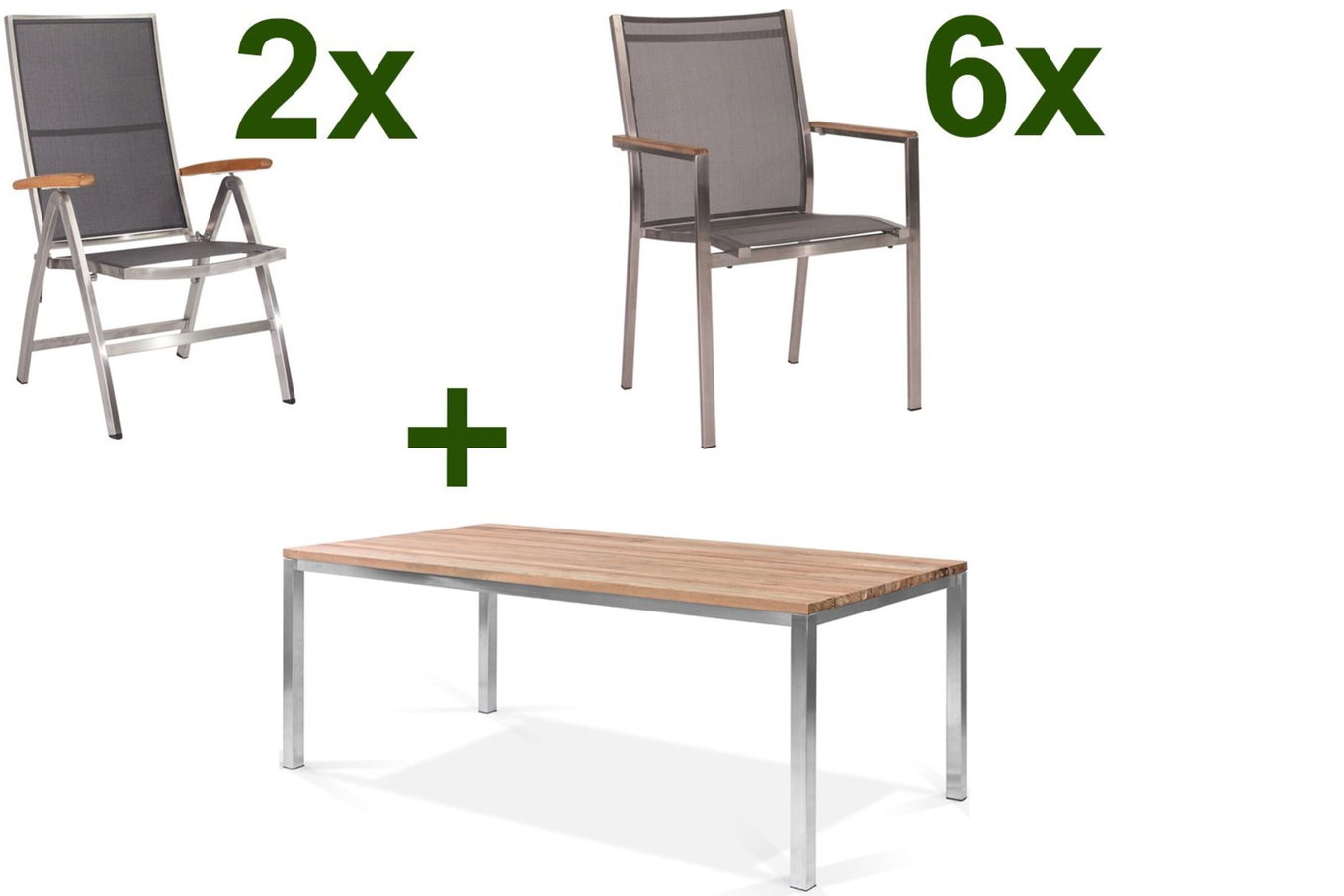 STERN Cardiff Set da pranzo da giardino, argento/grigio argento, Acciaio inox/Teak, tavolo 200 x 100 cm, 6 sedie impilabili, 2 sedie pieghevoli 19777__1