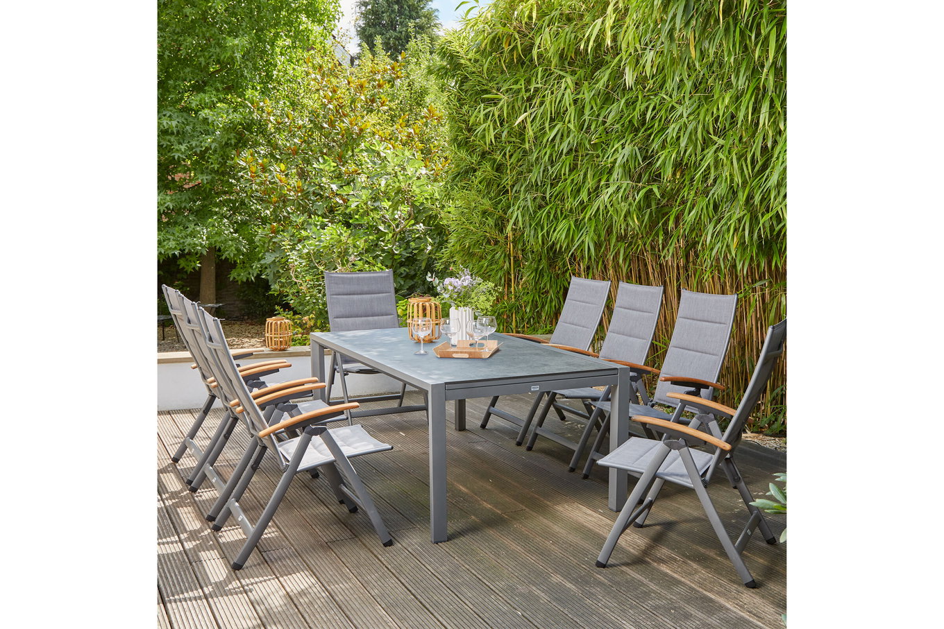 SIENA GARDEN Savina XL/Kingston Set da pranzo da giardino, grafite opaco/grigio/slate look, Alu/Teak/Texfabric, tavolo 220/340x108 cm, 8 sedie pieghevoli 22033__1