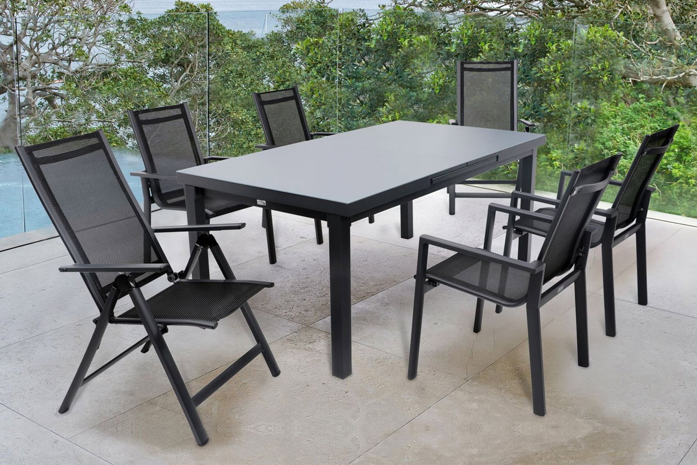 OUTFLEXX Gruppo pranzo Premium da giardino, OUTFLEXX® antracite opaco, Alu/Textilene, tavolo 180/240x100cm, 4 poltrone impilabili, 2 sedie pieghevoli 19299__1