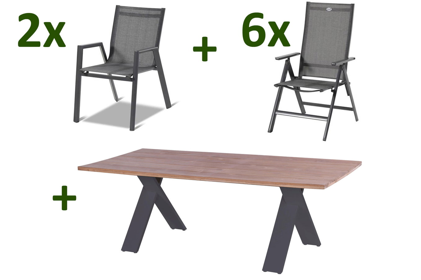 HARTMAN Xanadu / Aruba Set da pranzo da giardino, xerix/antracite, Alluminio/Legno di teak, 2 poltroncine impilabili, 6 sedie pieghevoli, 220x100cm 21179__1