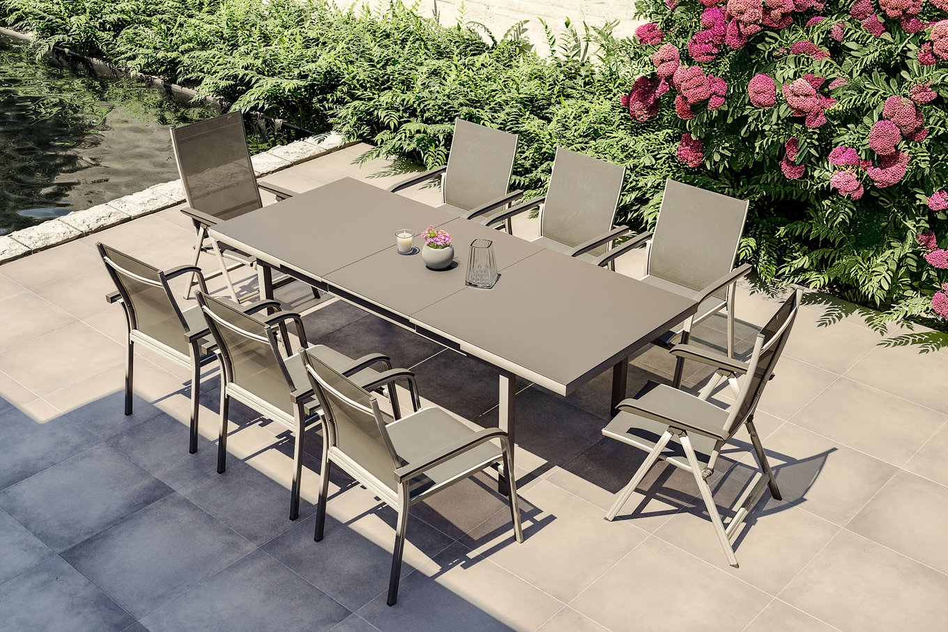 KETTLER BasicPlus Gruppo da pranzo da giardino, argento, Alu/Textilene, tavolo 180/240x100cm, 6 poltrone impilabili, 2 sedie pieghevoli 19312__1