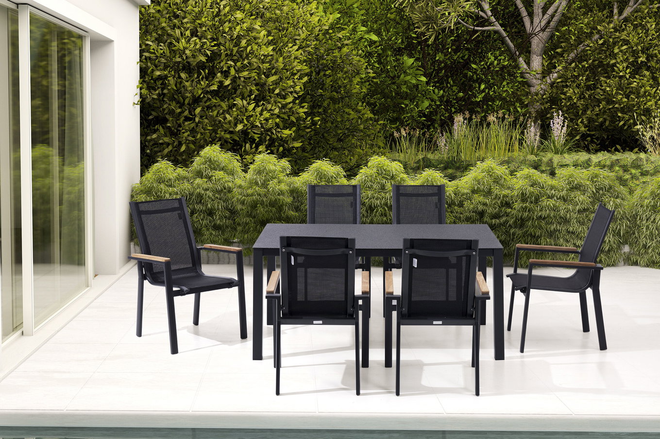 OUTFLEXX Gruppo pranzo da giardino, antracite opaco, Alu/Spraystone/Textilene, 160x95 cm, 6 poltrone, braccioli in teak 28183__1
