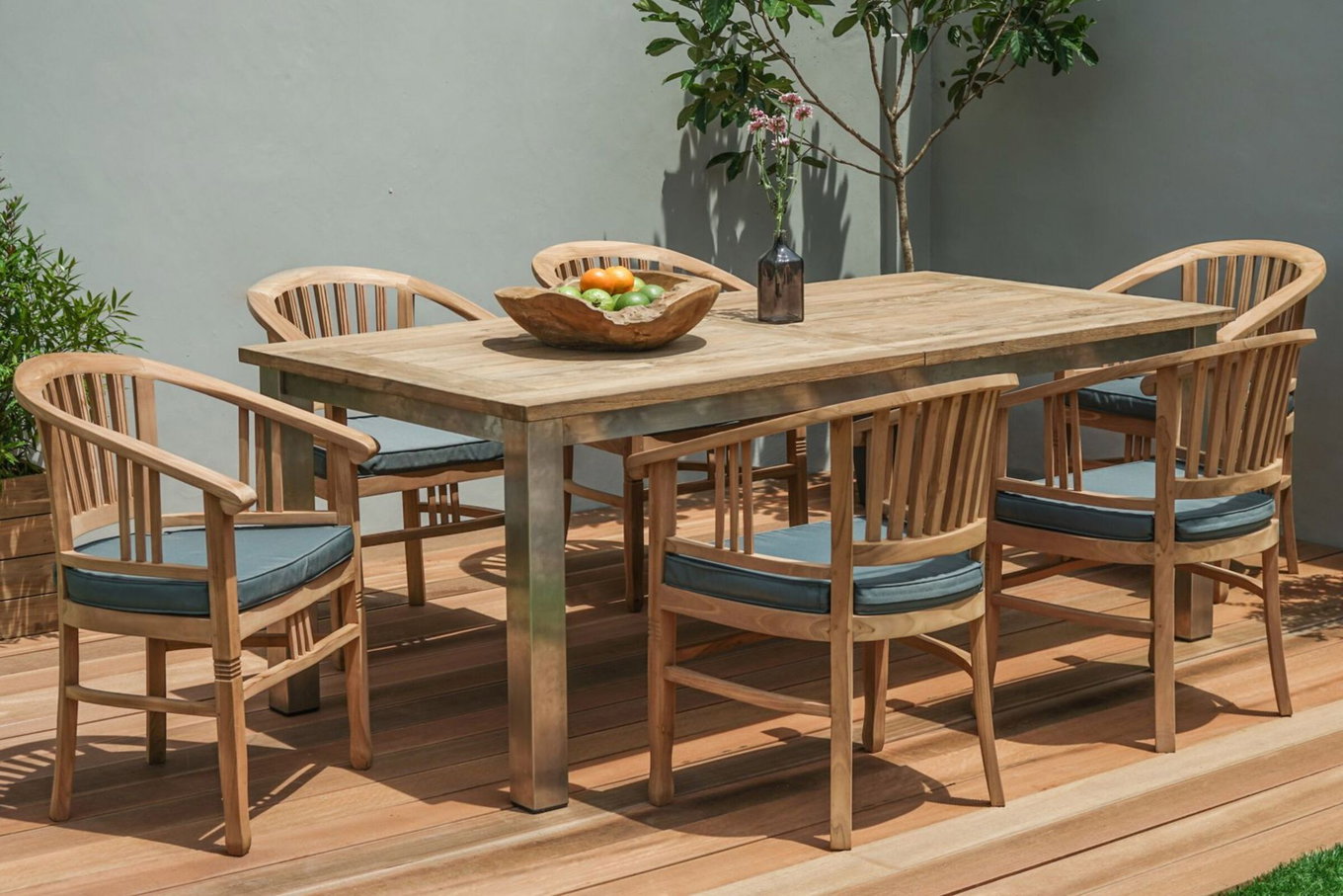OUTFLEXX Gruppo Pranzo da Giardino, Acciaio Inossidabile/Teak Riciclato, 200/260x100 cm, 6 Poltrone con Braccioli, incl. Cuscini, Prodotto Certificato FSC® 19364__1
