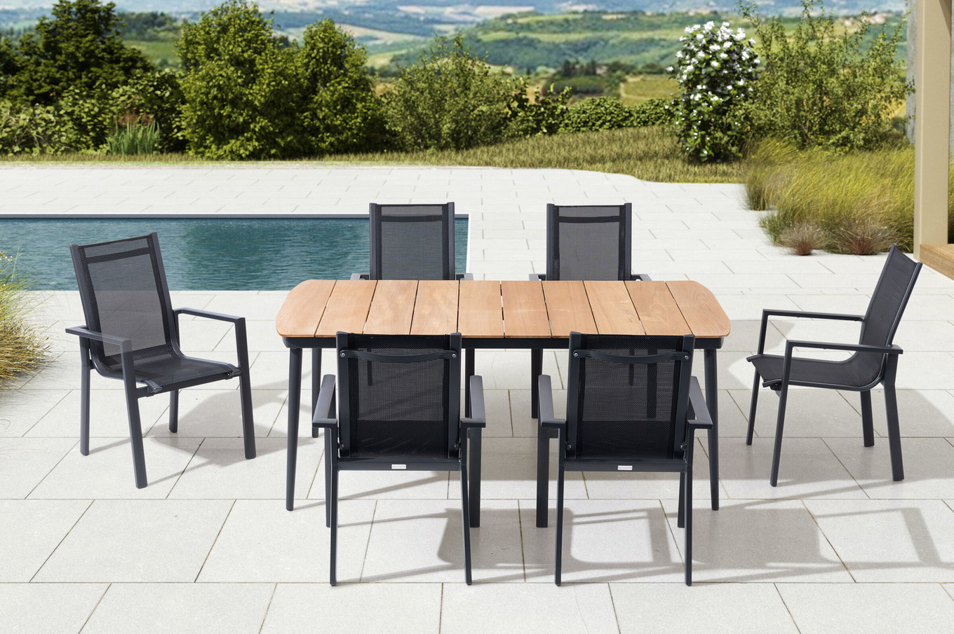 OUTFLEXX Gruppo da Pranzo da Giardino, antracite opaco, Alu/Teak/Textil, 184x100 cm, 6 sedie impilabili 28209__1