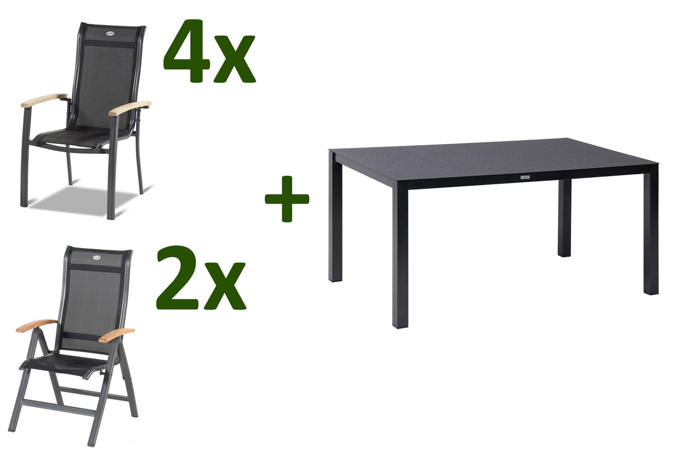 HARTMAN Alice Set da pranzo da giardino, xerix/nero, Alluminio/Spraystone/Teak/Textilene 4x4, 160 x 95 cm, 4 poltroncine impilabili, 2 sedie pieghevoli 28417__1