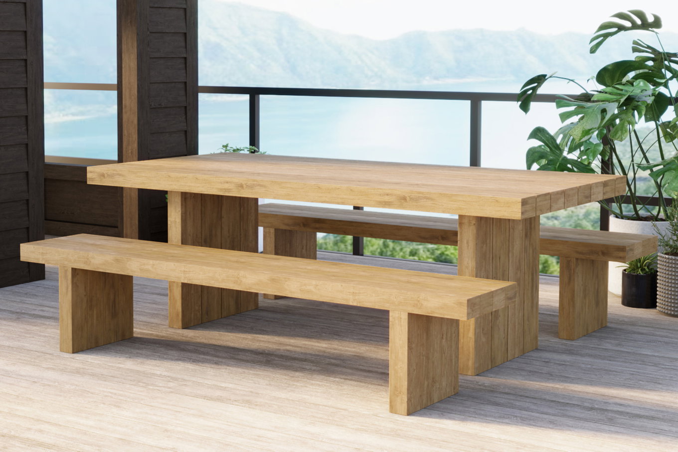OUTFLEXX Encino Set da pranzo da giardino, teak riciclato, tavolo 220x100cm, 2 panche 220x40cm, spazzolato, alta capacità di carico, prodotto certificato FSC® 31458__1