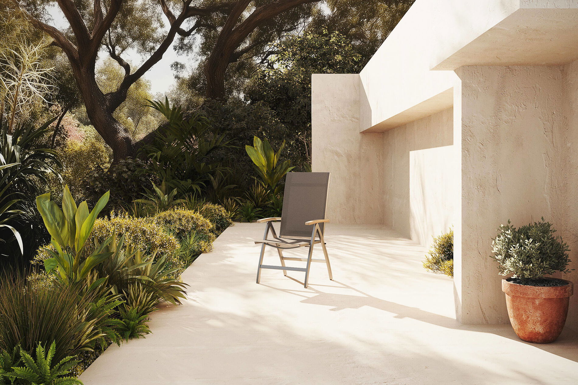 OUTFLEXX Sedia pieghevole, tortora, acciaio inox/textilene, braccioli in legno di teak