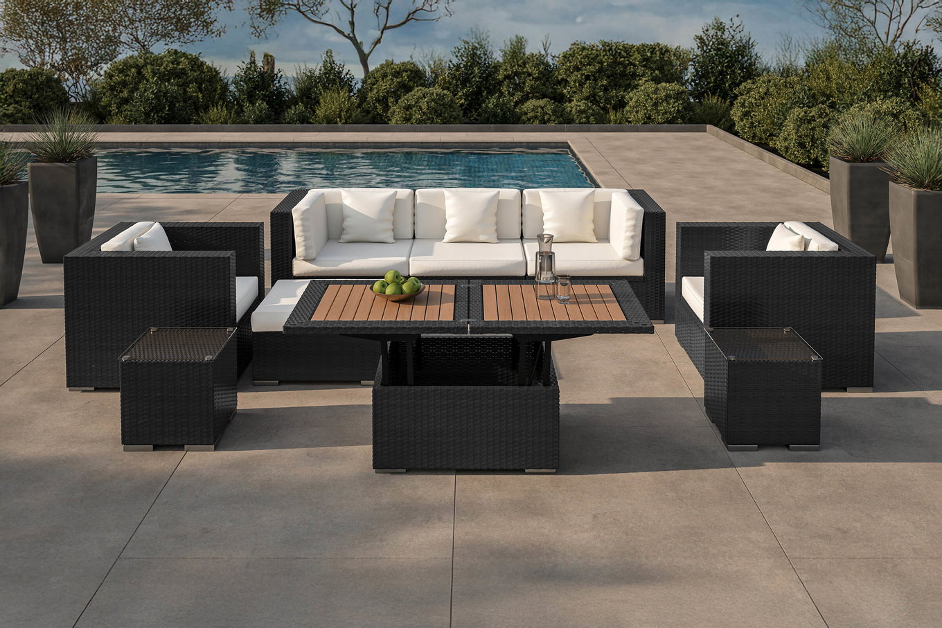 OUTFLEXX salotto da giardino, crema/bianco, nero, polyrattan, per 6 persone, incl. tavolino lounge, box portacuscini impermeabile 1302_BOX_D__1