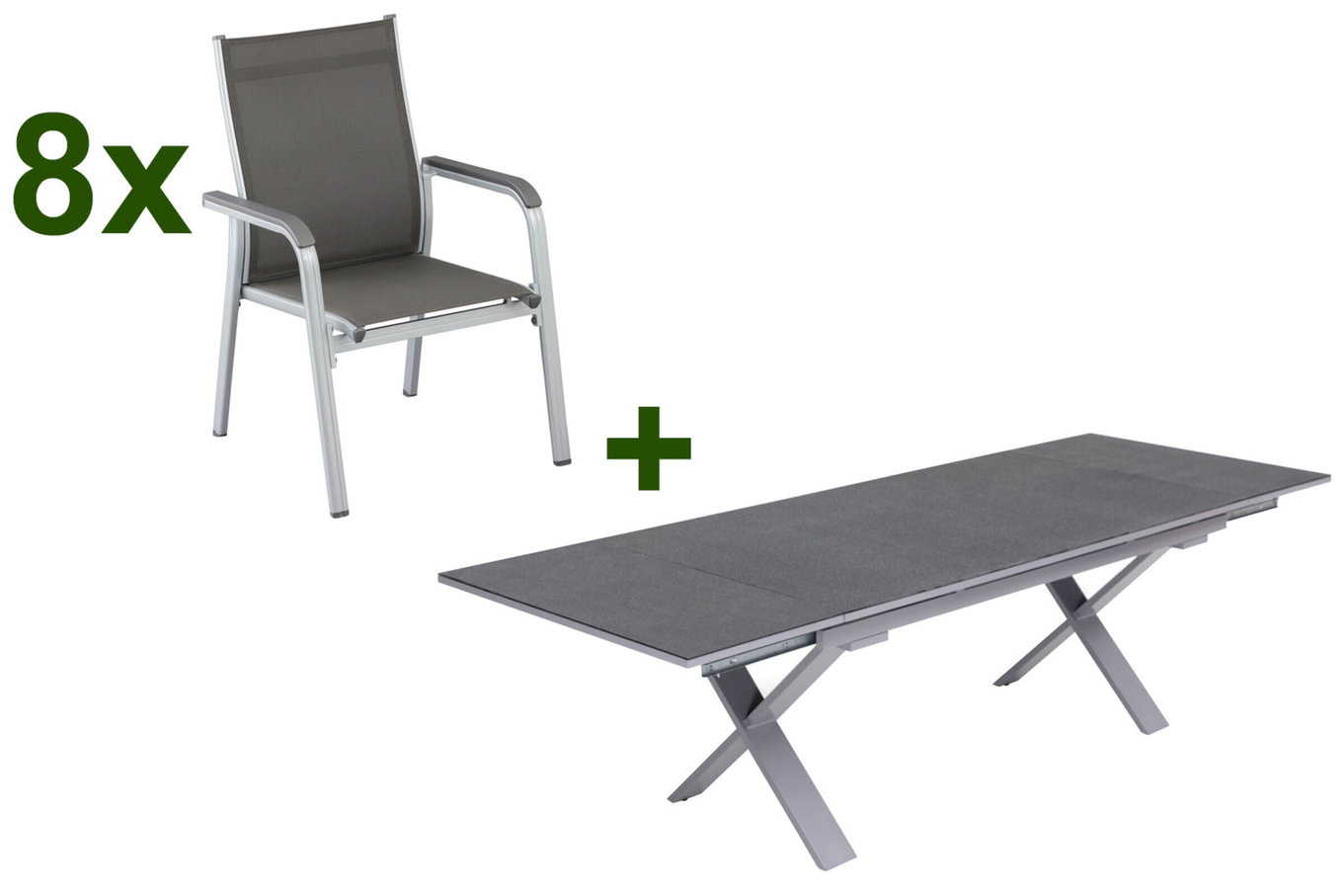 KETTLER BasicPlus Gruppo pranzo da giardino, argento / antracite, Alu / Spraystone / Textil, tavolo 180/280x100cm, 8 poltrone impilabili 23011__1