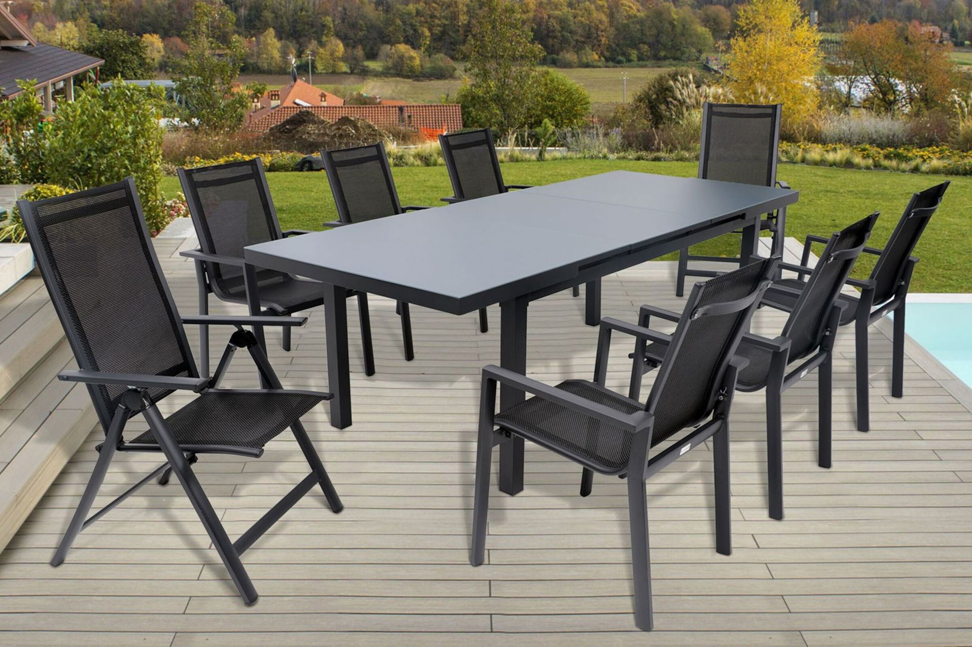 OUTFLEXX Premium Gruppo Pranzo da Giardino, OUTFLEXX® antracite opaco, Alu/Textilene, tavolo 180/240x100cm, 6 Poltrone Impilabili, 2 Sedie Pieghevoli