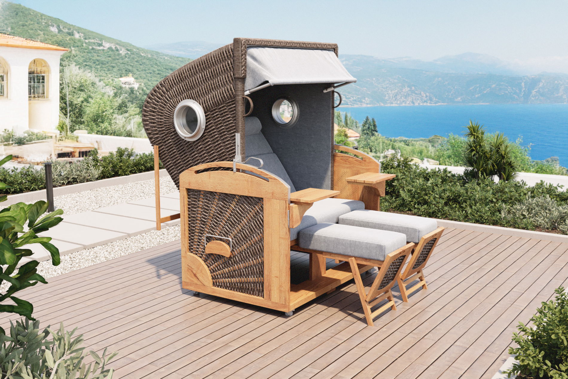 OUTFLEXX Stella Sedia a sdraio da spiaggia, marrone scuro/grigio chiaro, legno di teak/intreccio, 128x88x175 cm, incl. finestre laterali e tavolini laterali, regolabile