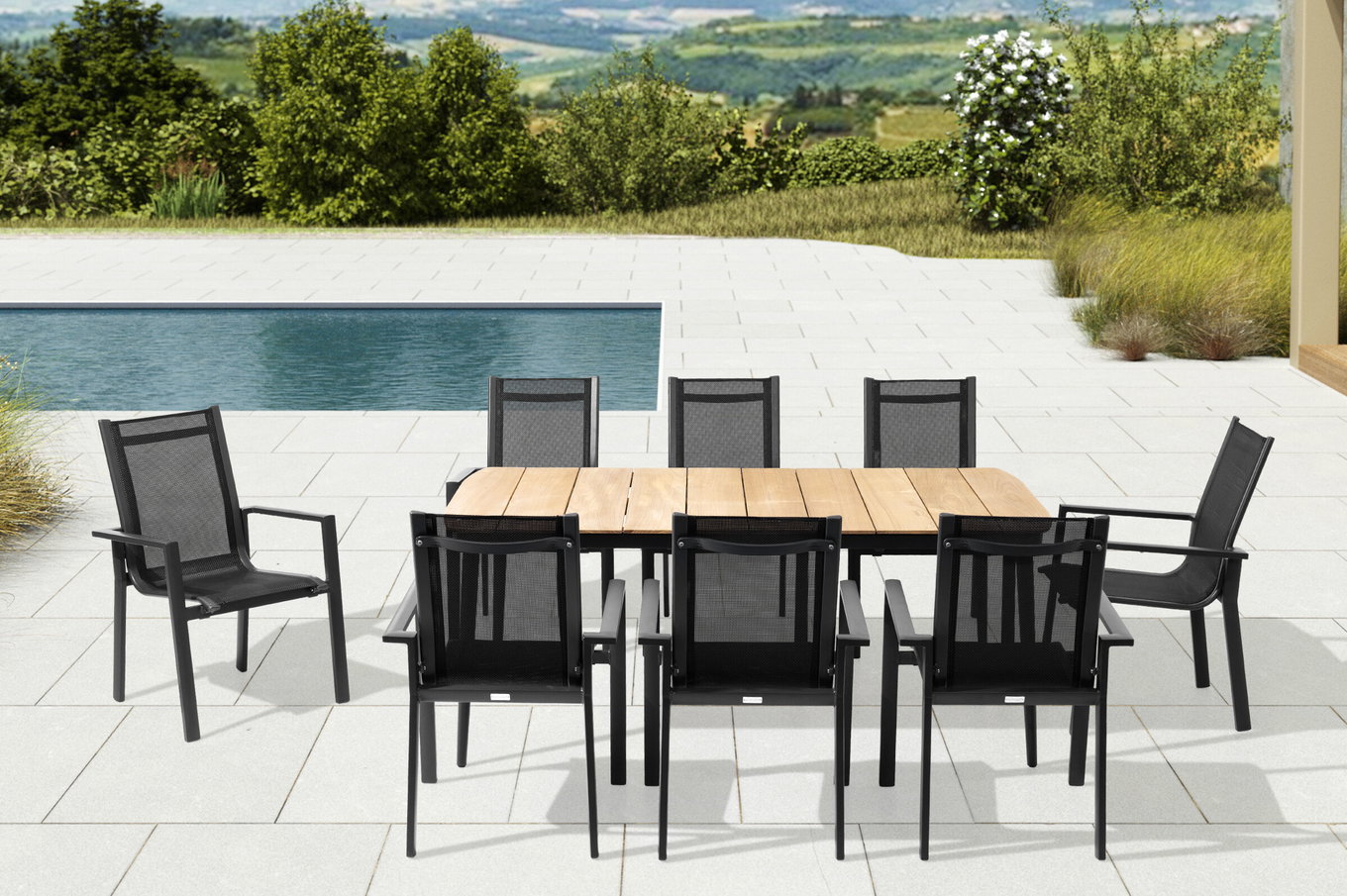 OUTFLEXX Gruppo pranzo da giardino, antracite opaco, Alu/Teak/Textil, 184x100 cm, 8 sedie impilabili 28210__1