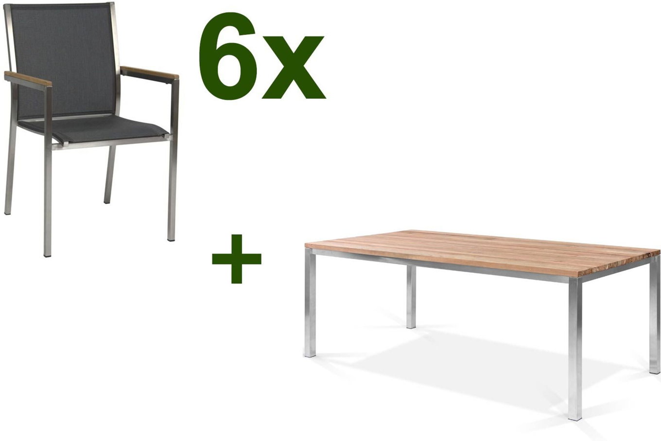 STERN Polaris Gruppo pranzo da giardino, grigio argento, Acciaio inox/Teak riciclato, tavolo 200 x 100 cm, 6 Poltrone impilabili 18095__1