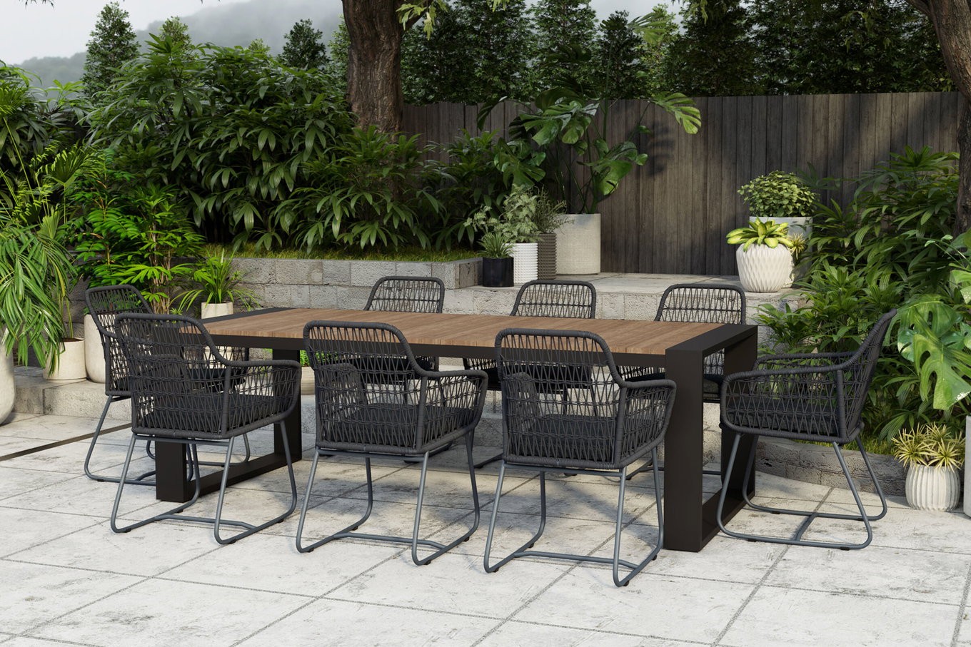 OUTFLEXX Kona/Verona Set da pranzo da giardino, antracite/grigio scuro, Alu/teak riciclato/Rope, 240 x 100 cm, 8x poltrone, prodotto certificato FSC® 24375__1