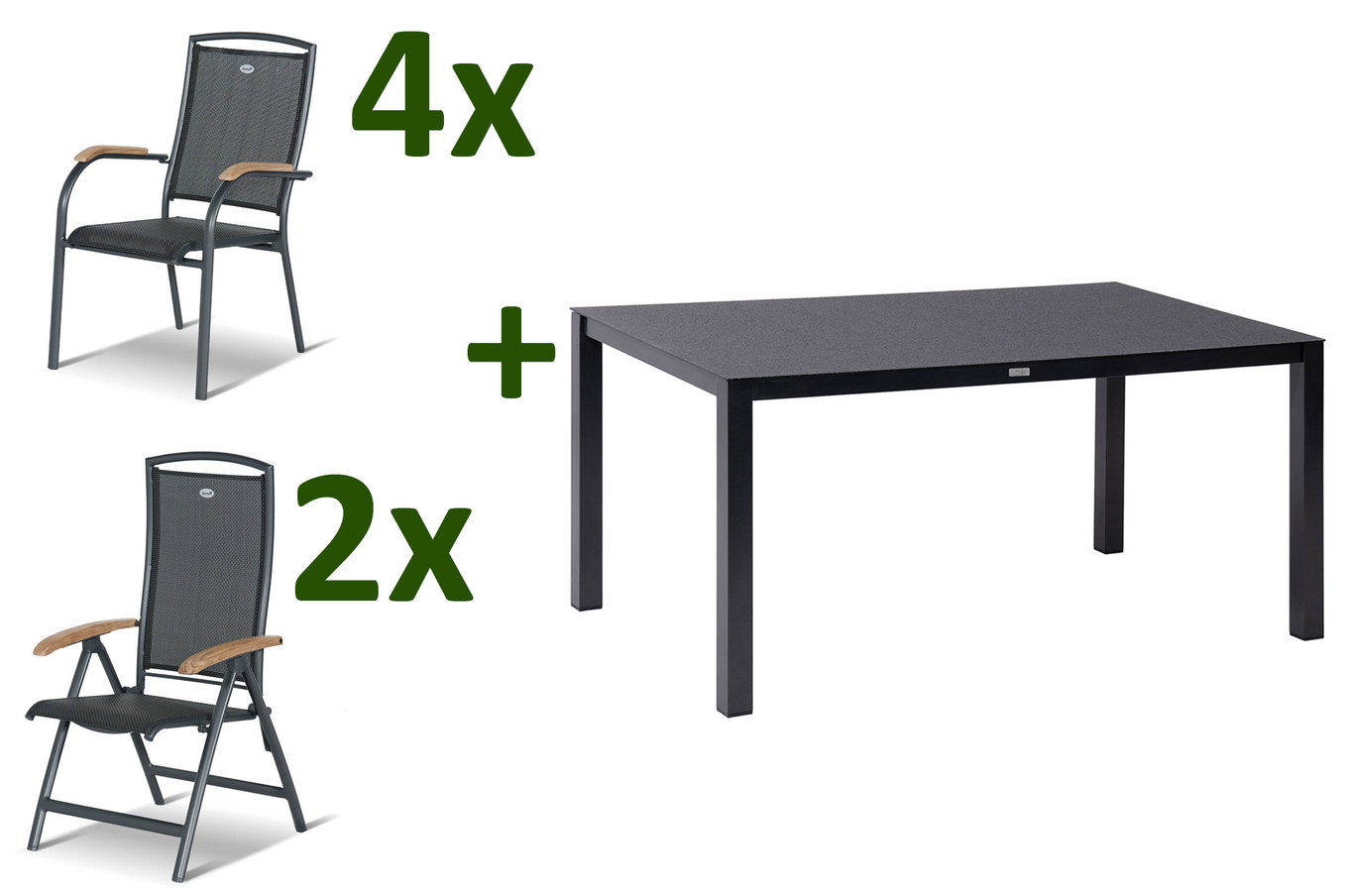 HARTMAN Raffaelo Gruppo da pranzo da giardino, xerix/antracite, Alu/Spraystone/Teak, 160x95 cm, 4 poltrone impilabili, 2 sedie pieghevoli, braccioli in Teak 28432__1