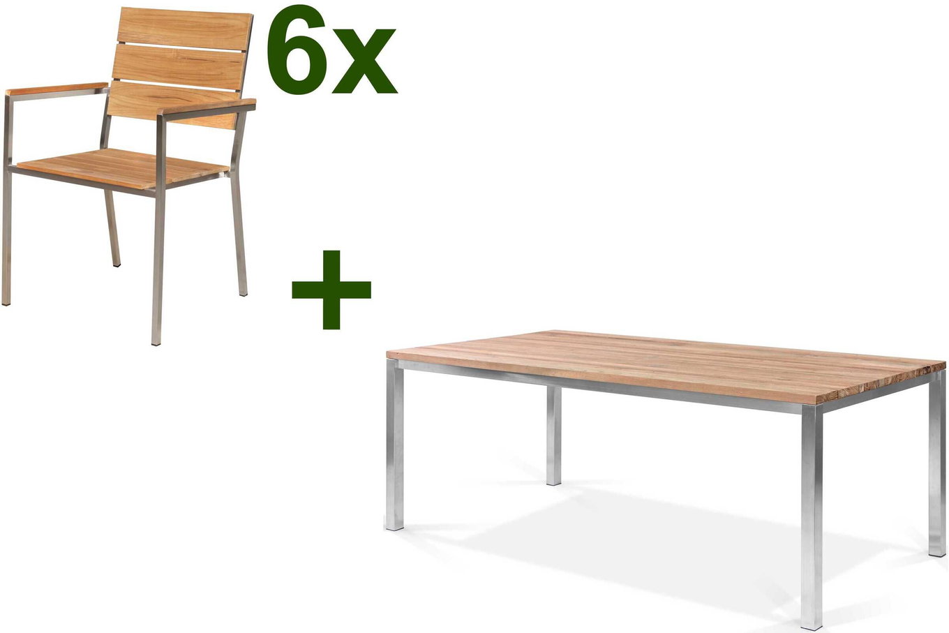 OUTFLEXX Gruppo tavolo da pranzo da giardino, acciaio inox/teak, tavolo 200 x 100 cm, 6 poltrone impilabili, prodotto certificato FSC® 17296__1