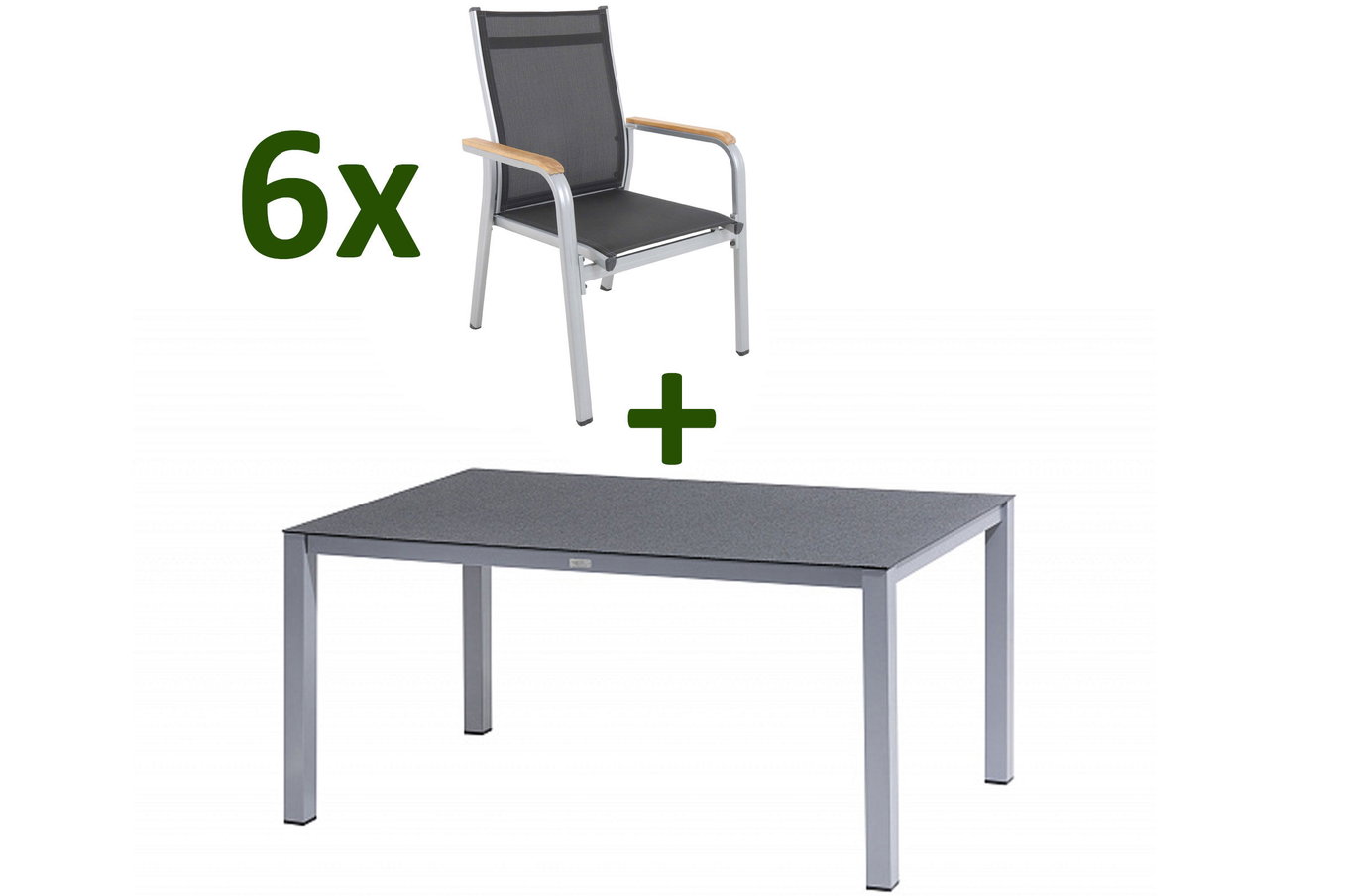 KETTLER Granada Gruppo pranzo da giardino, argento/antracite, Alu/Spraystone/Tessuto, 160x95 cm, 6 Poltrone impilabili 28329__1