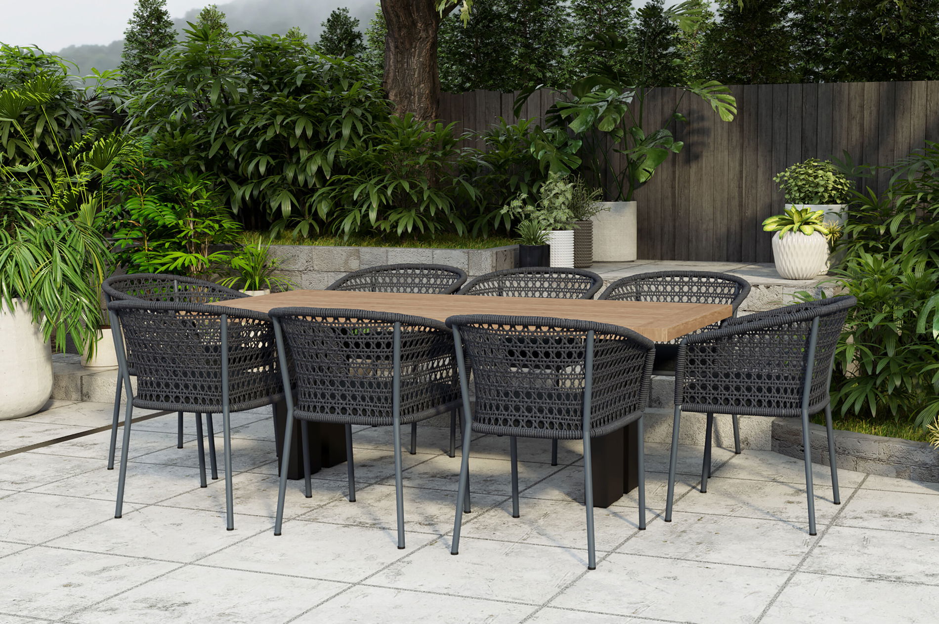 OUTFLEXX Bob/Zui Set da pranzo da giardino, antracite/grigio scuro, Alu/Teak riciclato/Rope, 220 x 100 cm, 8 x poltrone, incl. cuscini