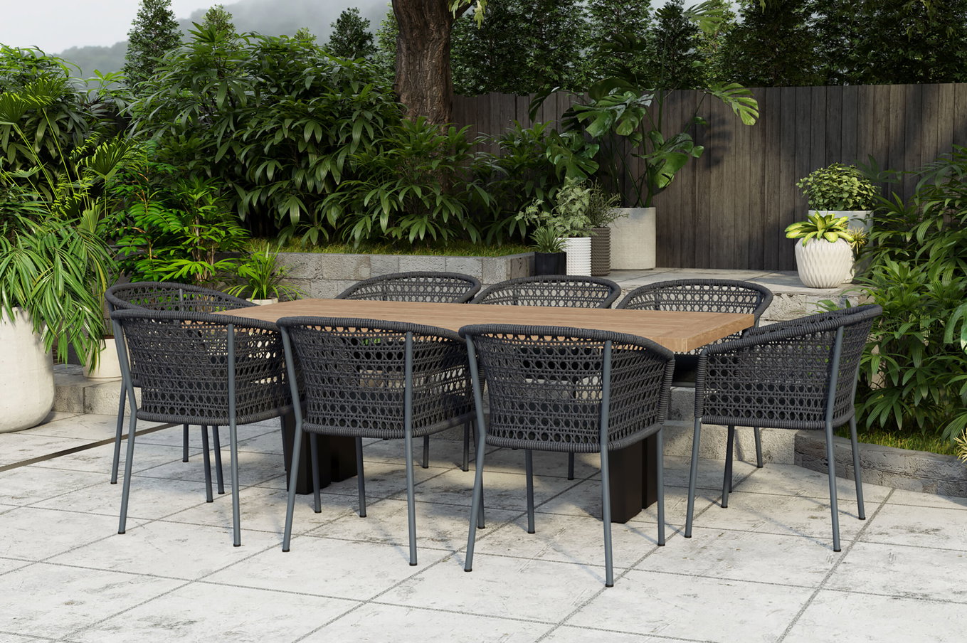 OUTFLEXX Bob/Zui Set da pranzo da giardino, antracite/grigio scuro, Alu/Teak riciclato/Rope, 220 x 100 cm, 8 x poltrone, incl. cuscini 24339__1