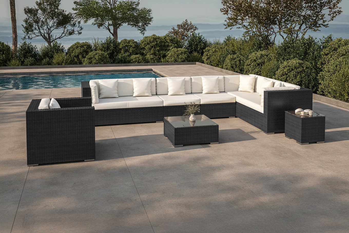 OUTFLEXX salotto da giardino, nero, polyrattan, per 8 persone, incl. tavolino da caffè, contenitore cuscini impermeabile 1380_BOX_B__1