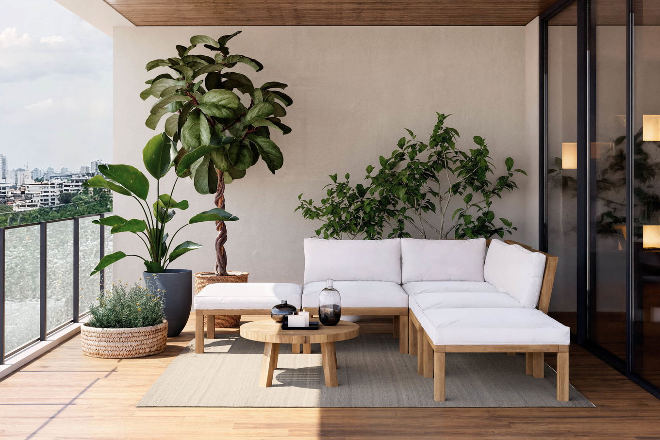 OUTFLEXX Lounge angolare, Acacia, 5 persone, incl. tavolo ø 80 cm e cuscini in Olefin marrone chiaro, prodotto certificato FSC® 21036__1