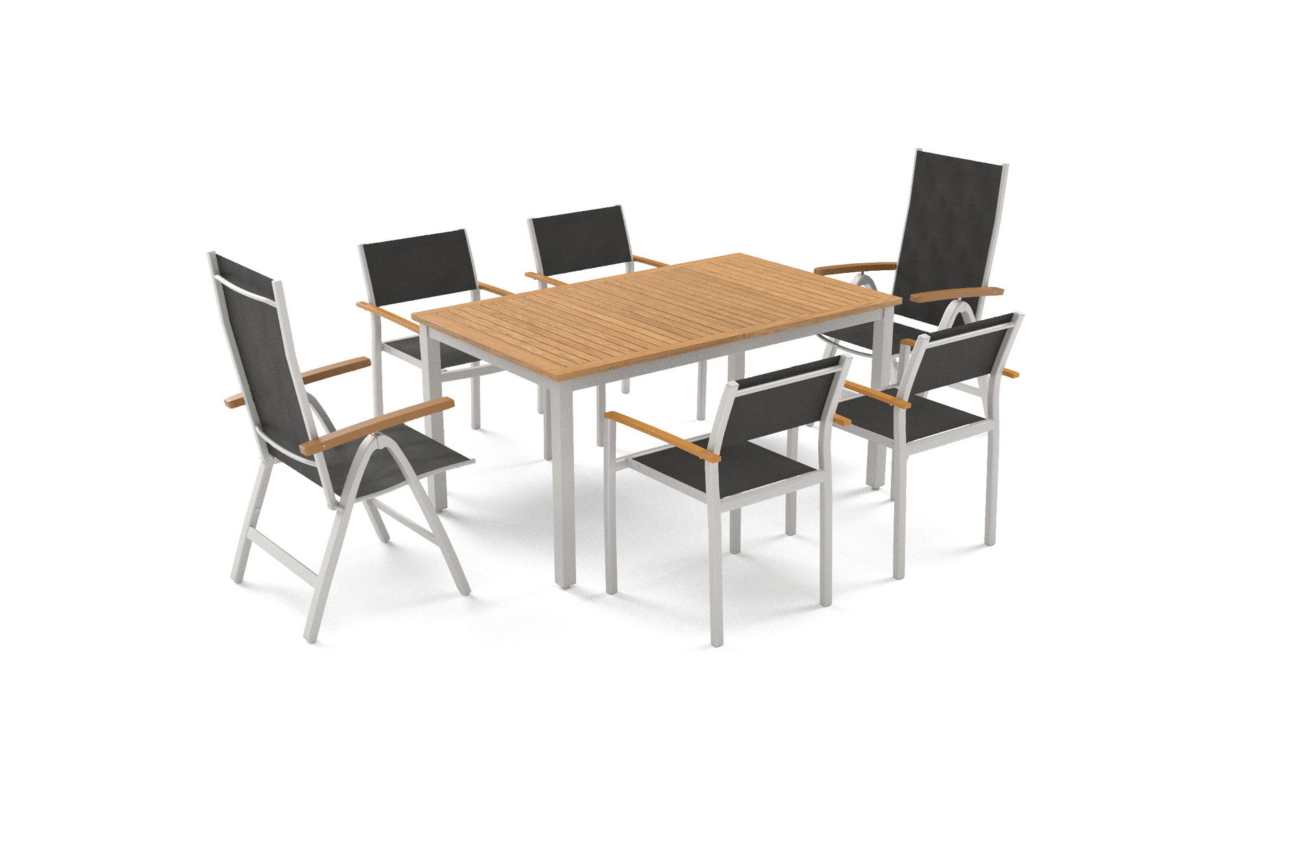 VILLANA Set da pranzo da giardino, argento/naturale, Alu/Eucalipto, 150 x 90 cm, 4 sedie impilabili, 2 sedie pieghevoli, resistente alle intemperie, durevole, prodotto certificato FSC®