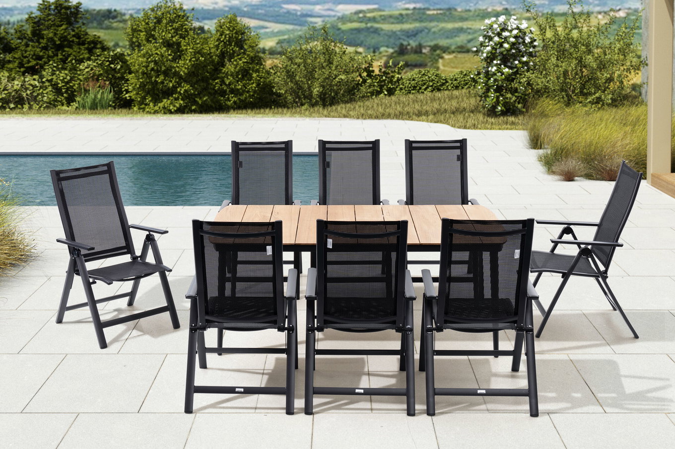 OUTFLEXX Set da pranzo da giardino, antracite opaco, Alu/Teak/Textil, 185 x 100 cm, 8 sedie pieghevoli 28208__1