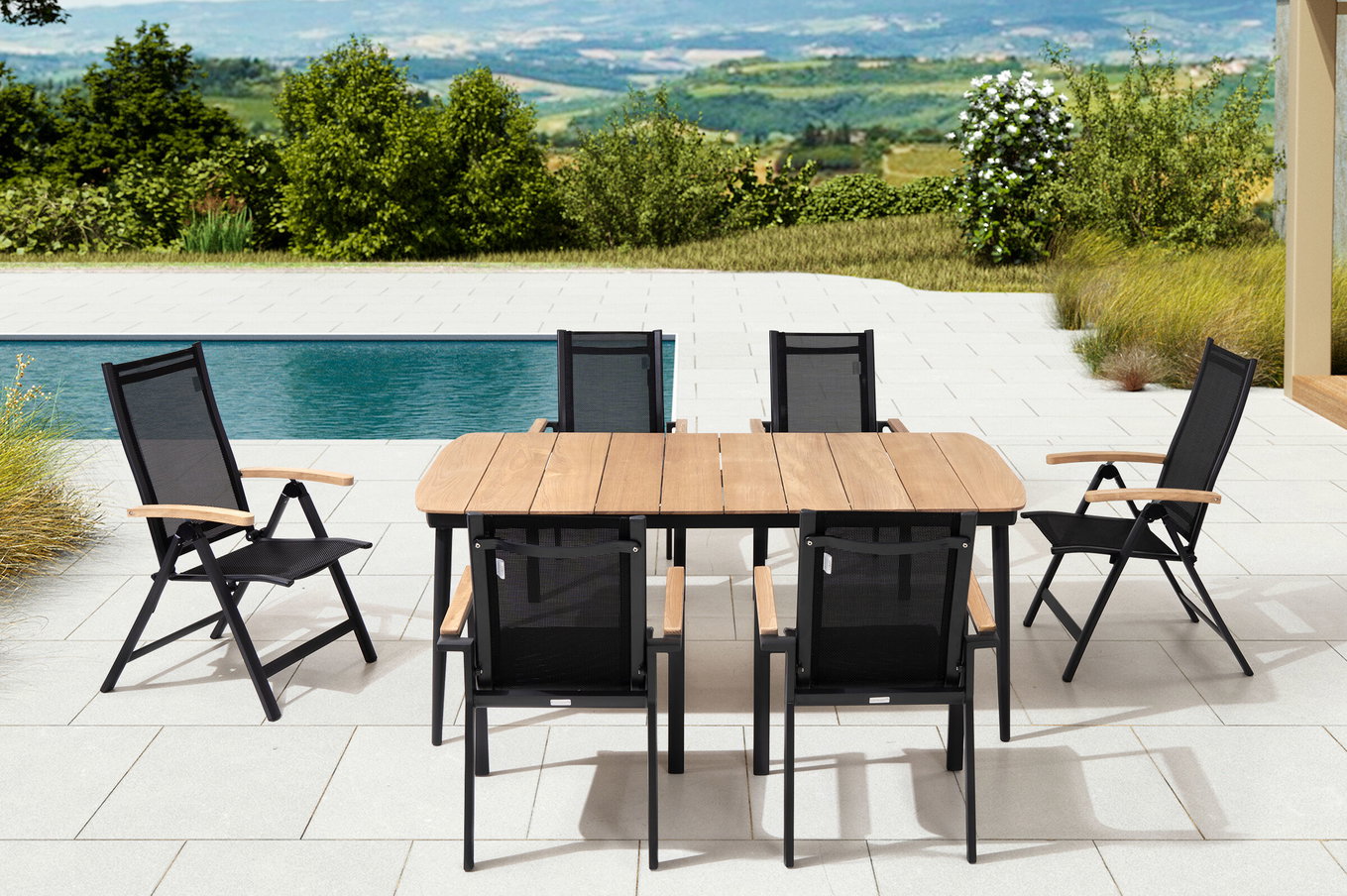OUTFLEXX Set da pranzo da giardino, antracite opaco, Alu/Teak/Textil, 184x100 cm, 4 poltrone, 2 sedie pieghevoli, braccioli in Teak 28205__1