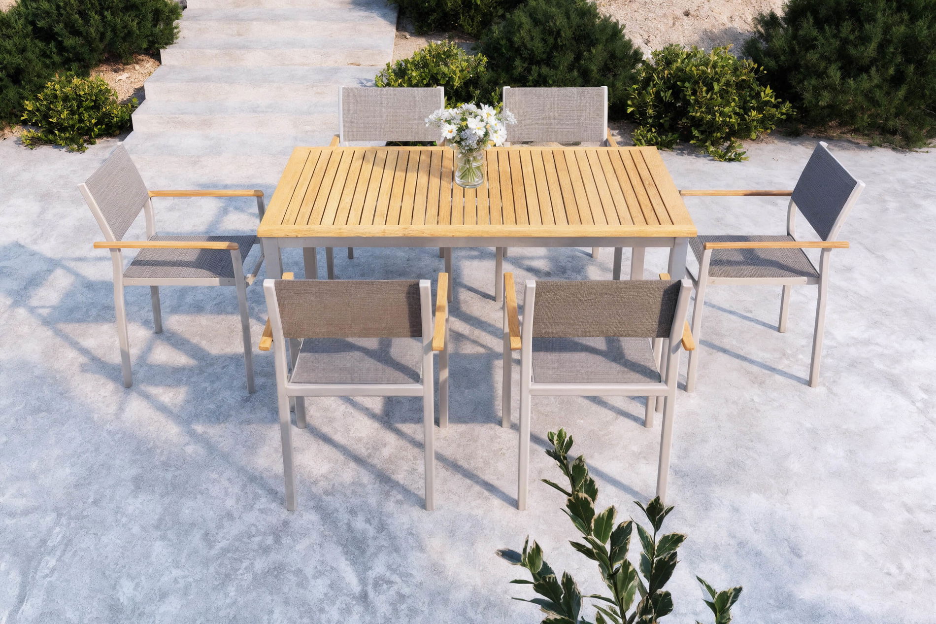 VILLANA Gruppo pranzo da giardino, argento/grigio/naturale, Alluminio/Eucalipto, 150 x 90 cm, 6 sedie, impilabili, prodotto certificato FSC® 80353__1