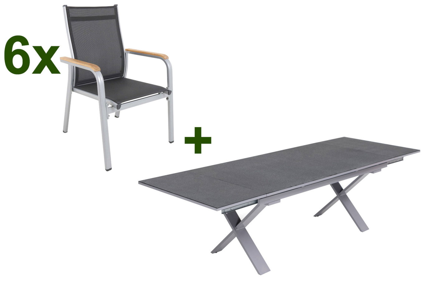 KETTLER Granada Set da pranzo da giardino, argento / antracite, Alu / Spraystone / Teak, tavolo 180/280x100cm, 6 poltrone impilabili 23019__1