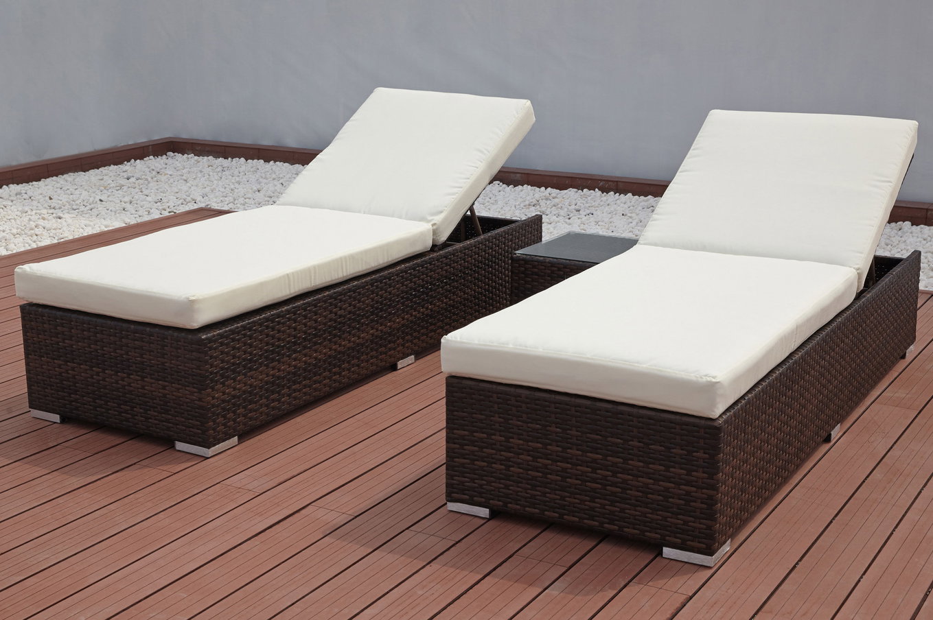 OUTFLEXX Set da 2 lettini prendisole, marrone marmorizzato, polyrattan, 200x70x45cm cad., con tavolino 7761__1