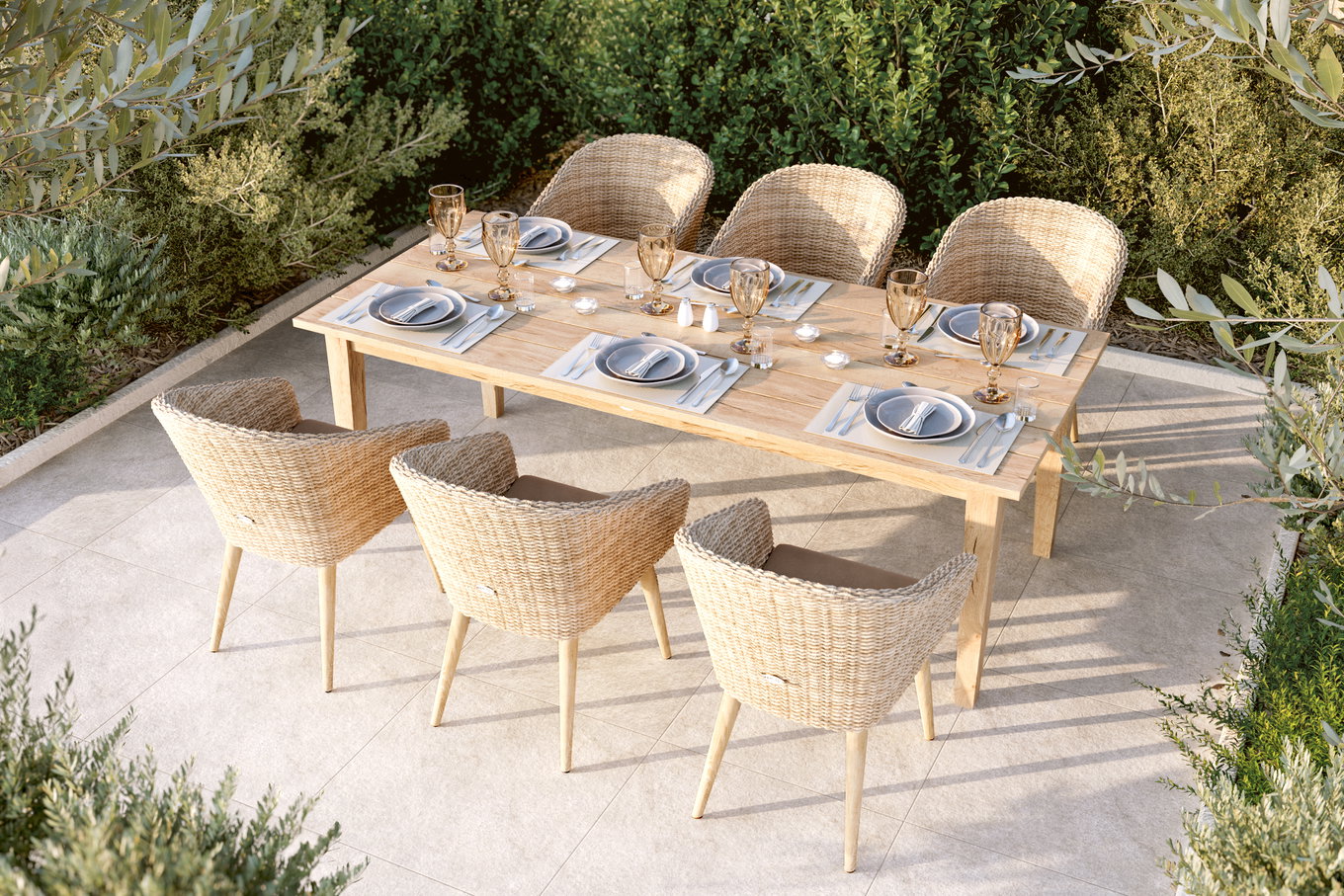 Ploß Borneo Gruppo da pranzo da giardino, beige mélange, Polyrattan/Acacia, tavolo 220 x 100 cm, 6 Poltrone Cocktail, Prodotto certificato FSC® 22682__1
