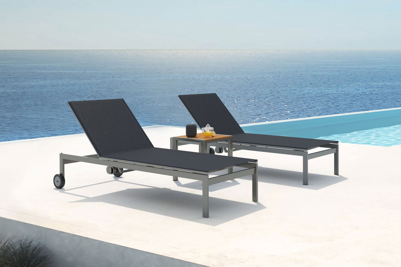 OUTFLEXX Set da 2 lettini con ruote, nero, acciaio inox/teak, 212x71x36cm, con tavolino 45x45cm, prodotto certificato FSC® 14169__1