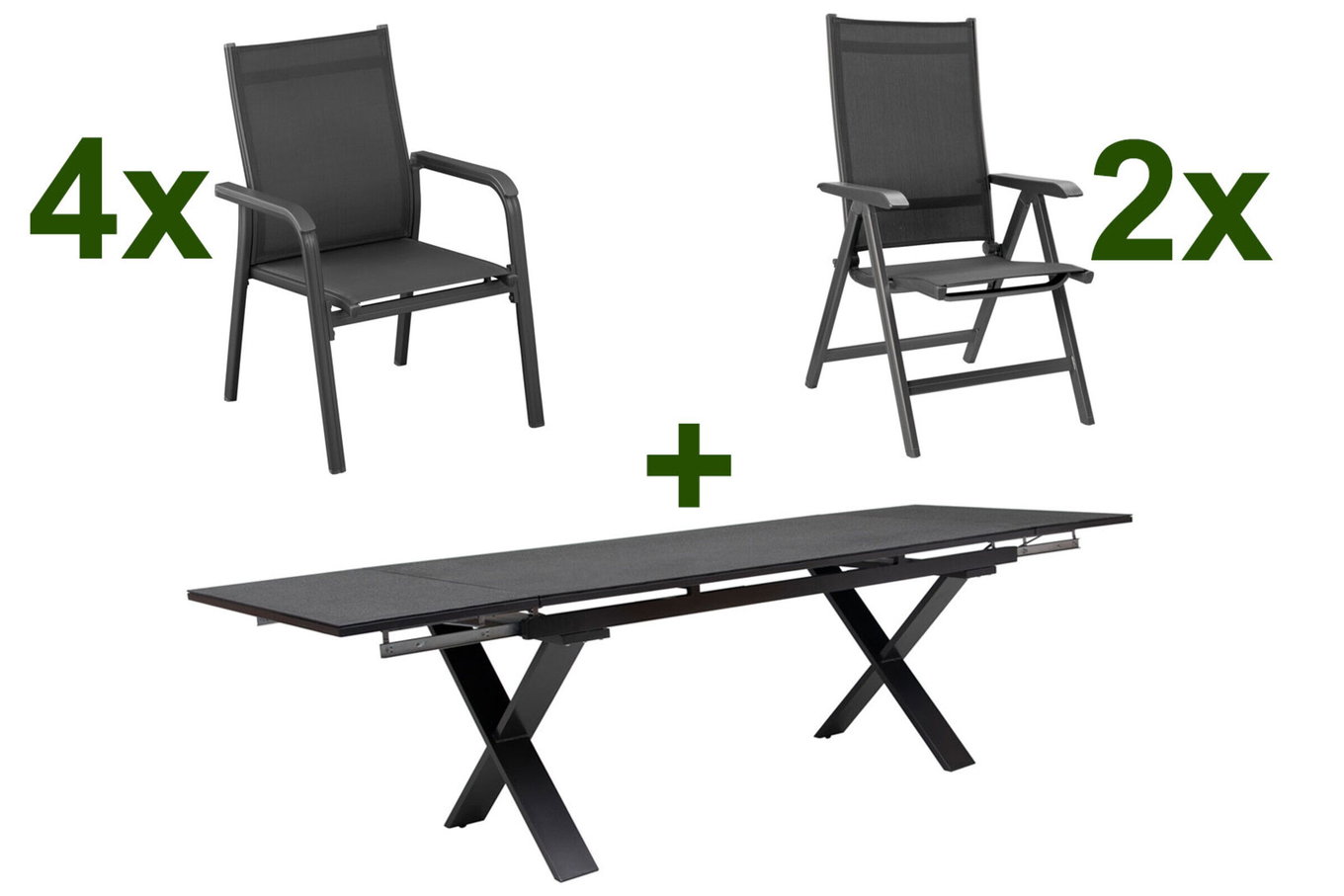 KETTLER BasicPlus Set da pranzo da giardino, antracite, alluminio / Spraystone / textilene, tavolo 180/280 x 100 cm, 4 poltrone impilabili, 2 sedie pieghevoli 23079__1