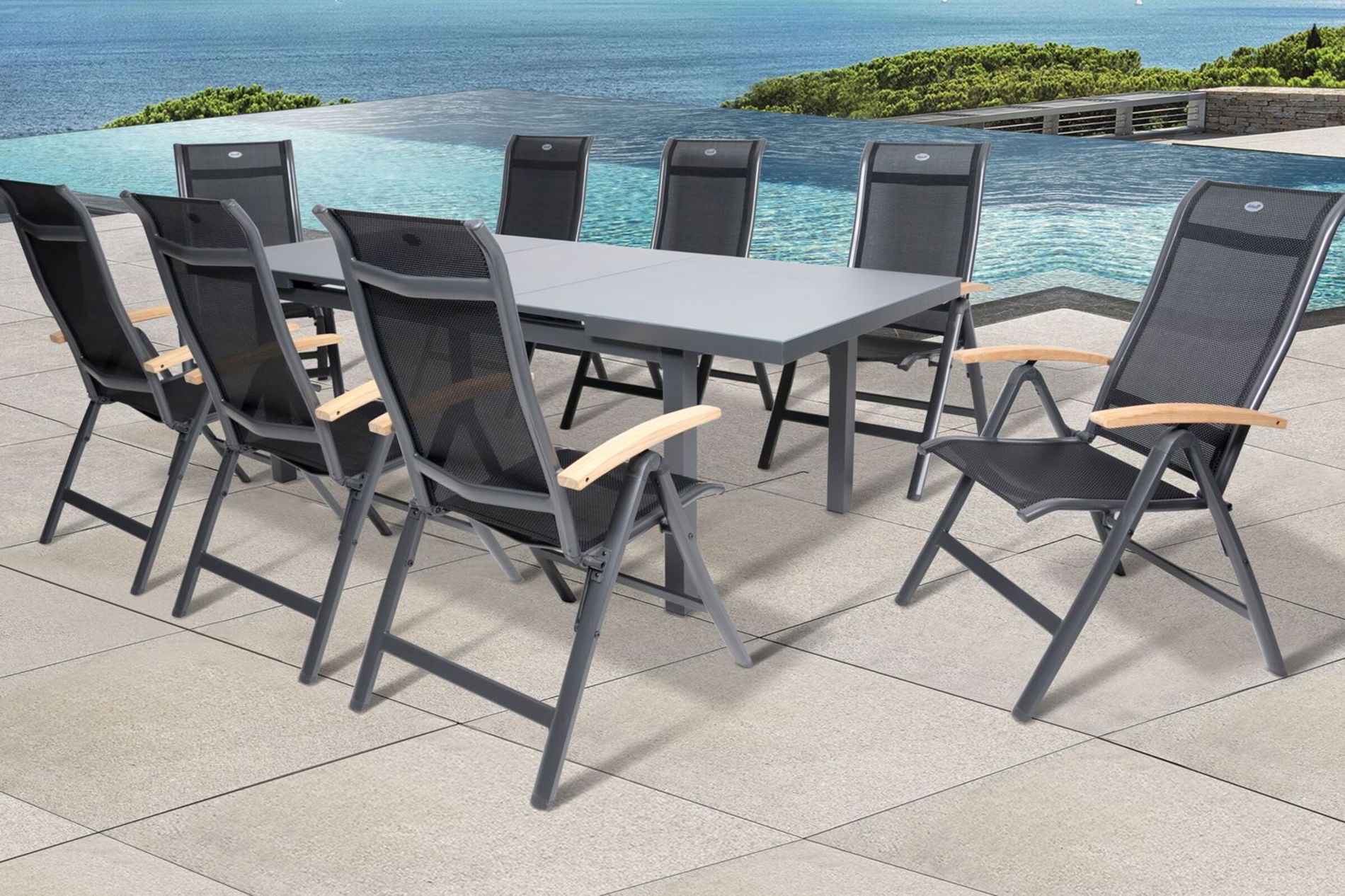 HARTMAN Alice Set da pranzo da giardino, xerix, Alu/4x4 Textilene, tavolo 180/240x100cm, 8 sedie pieghevoli 19326__1