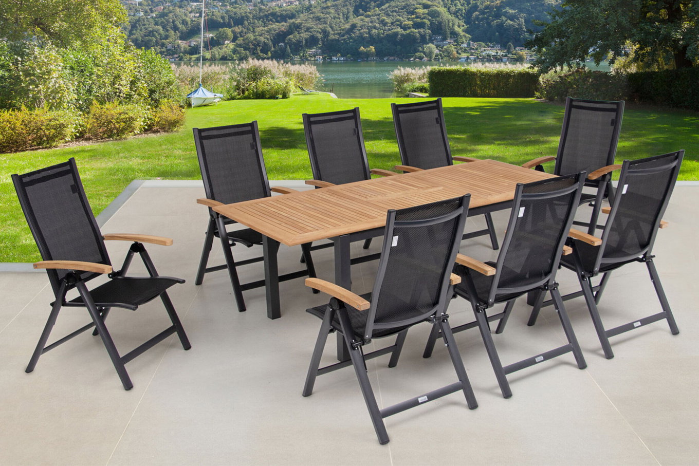 OUTFLEXX Set pranzo da giardino, OUTFLEXX® antracite opaco, Alu / Teak / Textil, tavolo 150/210x90cm, 8 sedie pieghevoli 22168__1