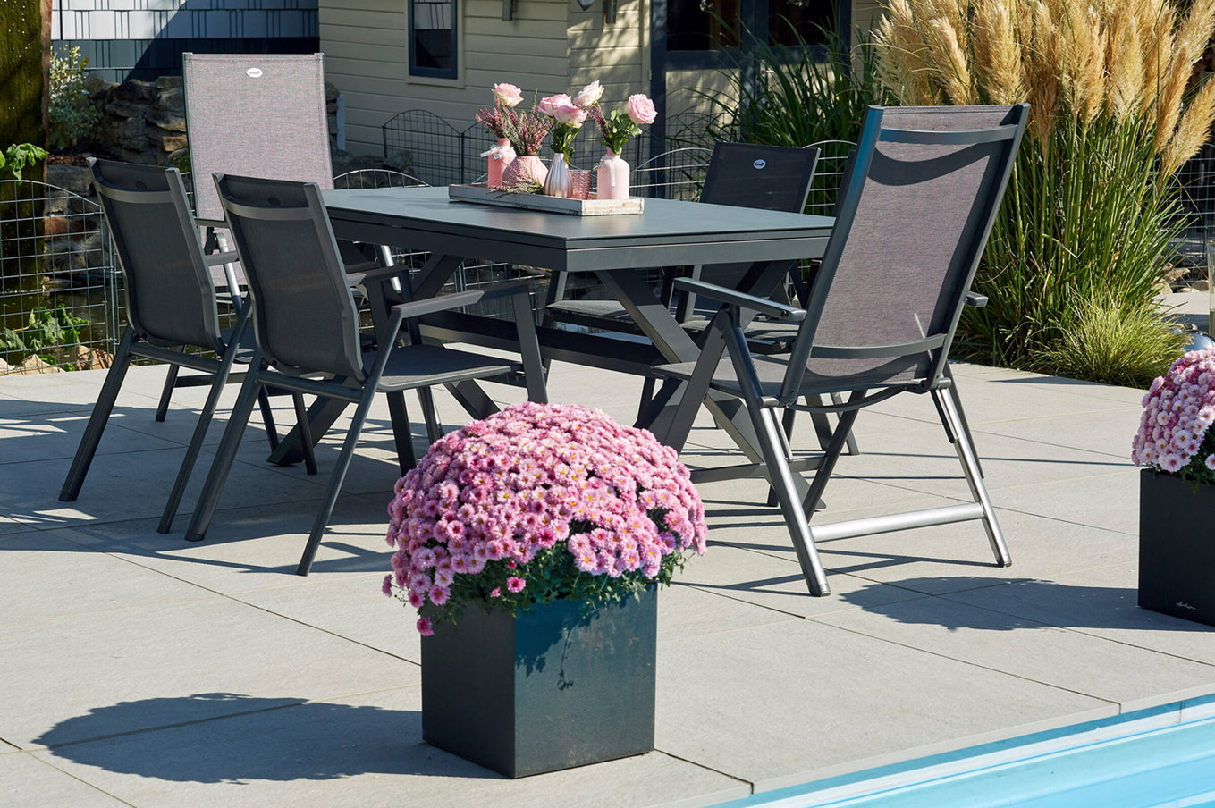 HARTMAN Xanadu / Aruba Gruppo tavolo da pranzo da giardino, xerix, Alluminio/Textilene/Vetroceramica, 4 poltroncine impilabili, 2 sedie pieghevoli, 160/220x100cm 23280__1