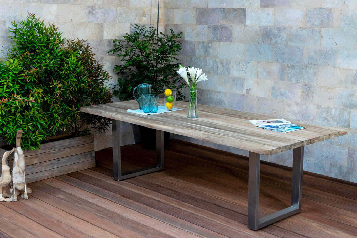 Tavolo da pranzo OUTFLEXX, naturale, acciaio inox/teak riciclato, 240 x 100 cm, bordo naturale, prodotto certificato FSC® 20357__1
