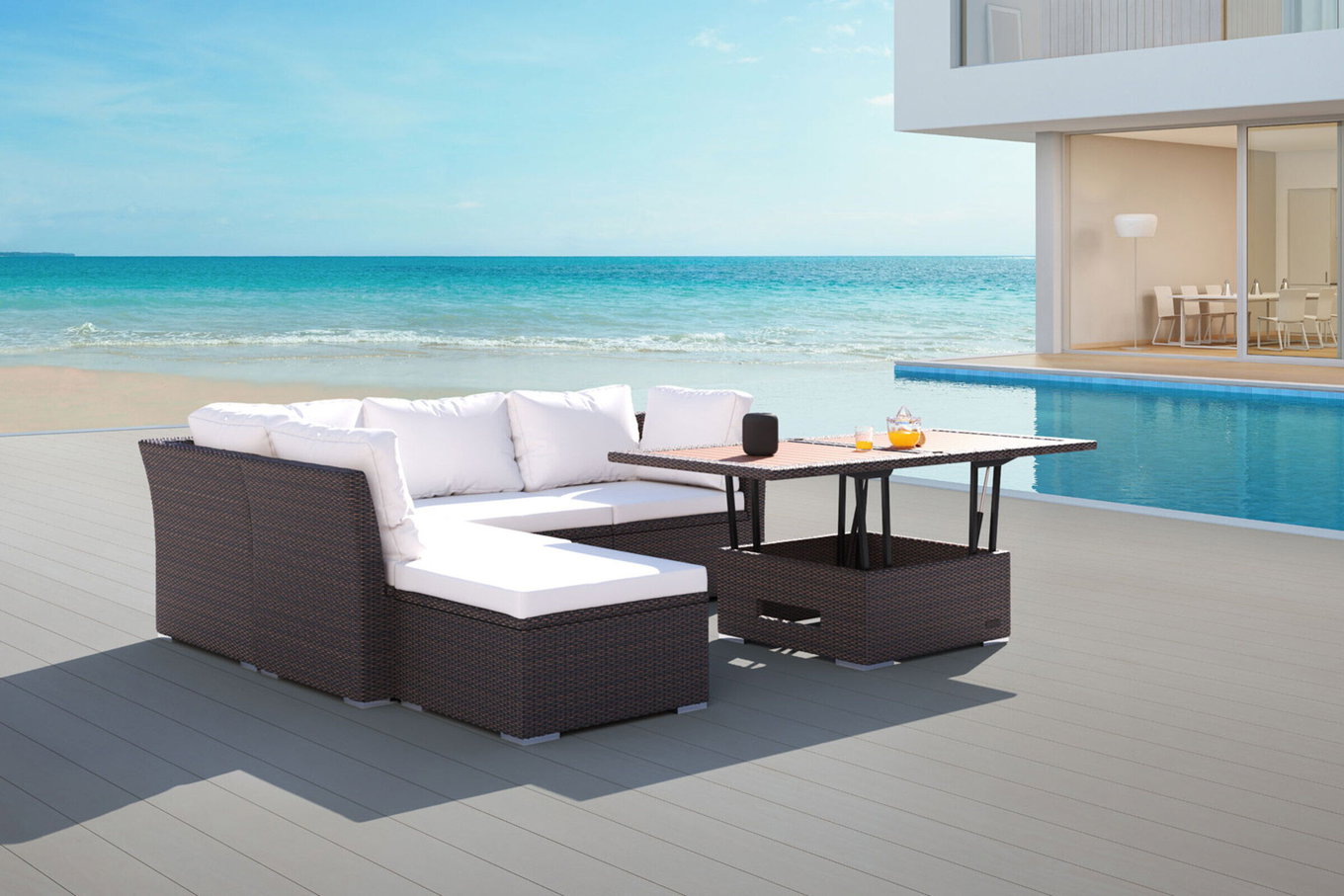 OUTFLEXX salotto da giardino, marrone marmorizzato, polyrattan, incl. tavolo lounge, per 5 persone, box portacuscini impermeabile 7759_BOX_D__1