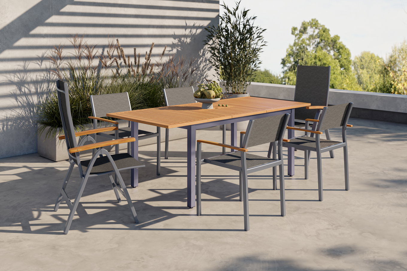 VILLANA Set da pranzo da giardino, nero/grigio, Alu/Eucalipto, tavolo 150/200 x 90 cm, 6 posti a sedere, robusto, impilabile, prodotto certificato FSC® 80362__1