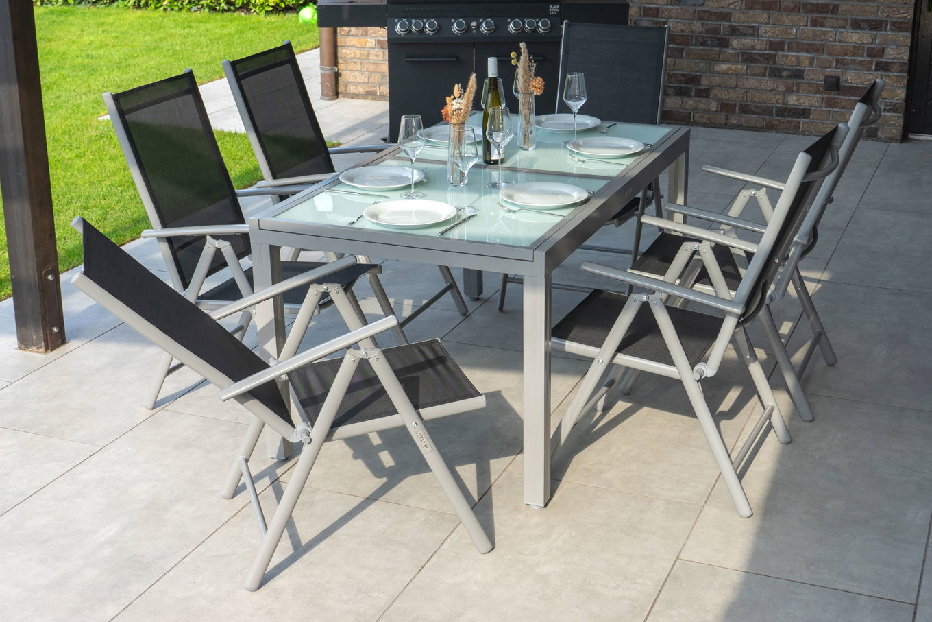 VILLANA Set da pranzo da giardino, argento/nero, Alu/Textil, tavolo 160/220 cm, 6 sedie pieghevoli 13876__1