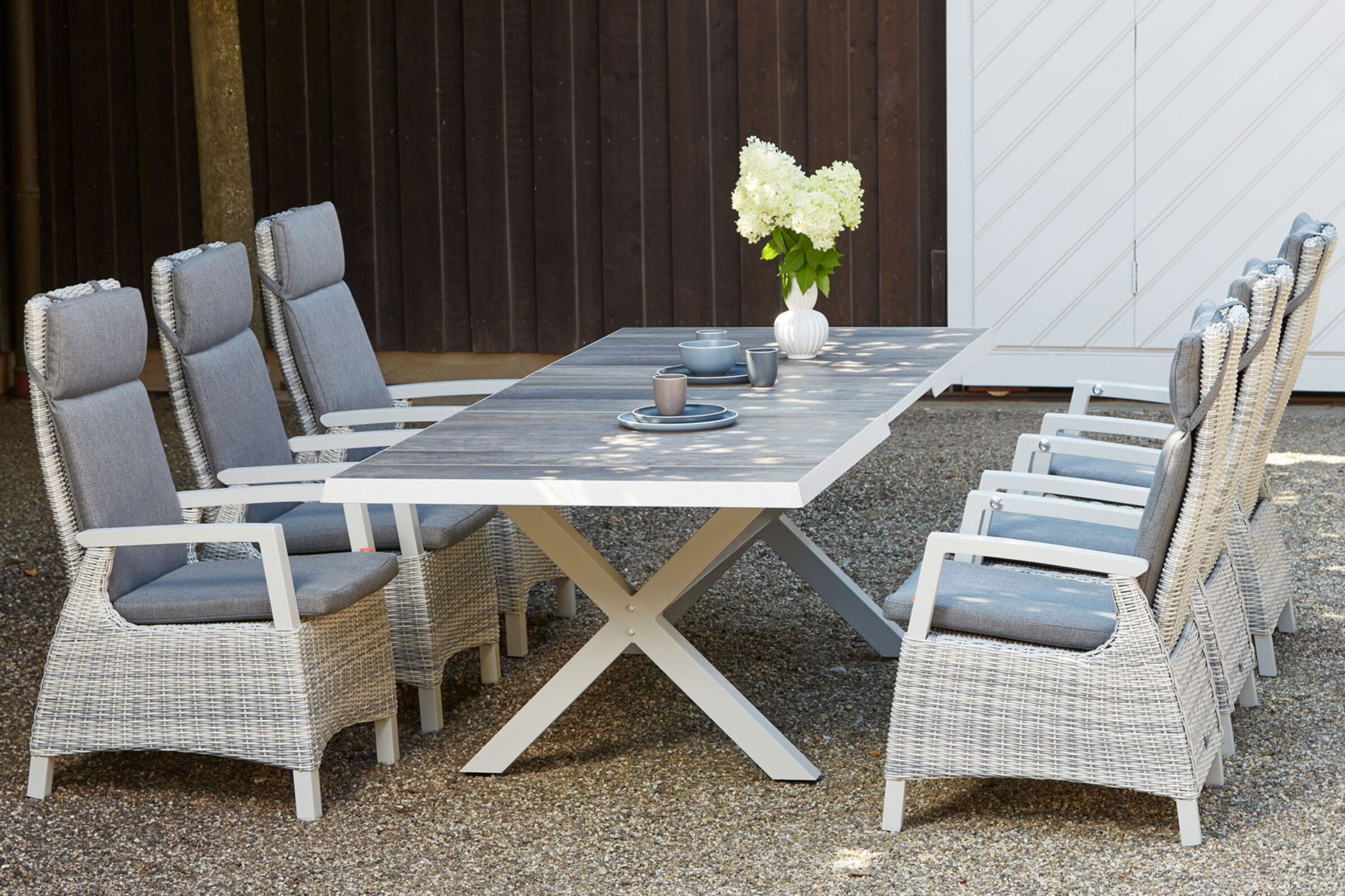 SIENA GARDEN Corido/Sincro Set da pranzo da giardino, ice grey/bianco grigio, Alu/intreccio Gardino®/ceramica, tavolo allungabile 200/260x100 cm, 6 poltrone da pranzo