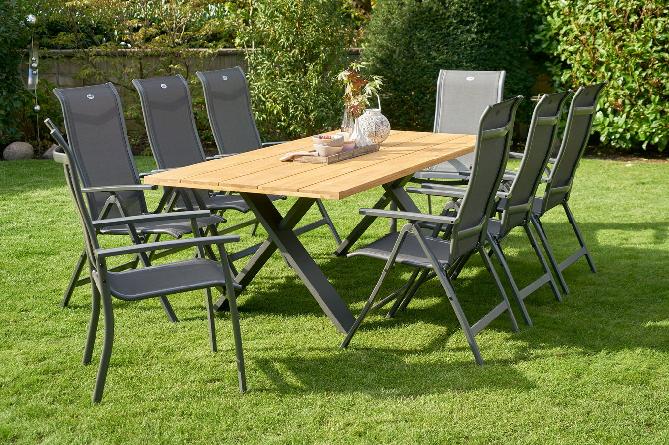 HARTMAN Xanadu / Alice Comfort Gruppo pranzo da giardino, xerix/antracite, Alluminio/Legno di teak, 2 poltrone impilabili, 6 sedie pieghevoli, 220x100cm 21167__1