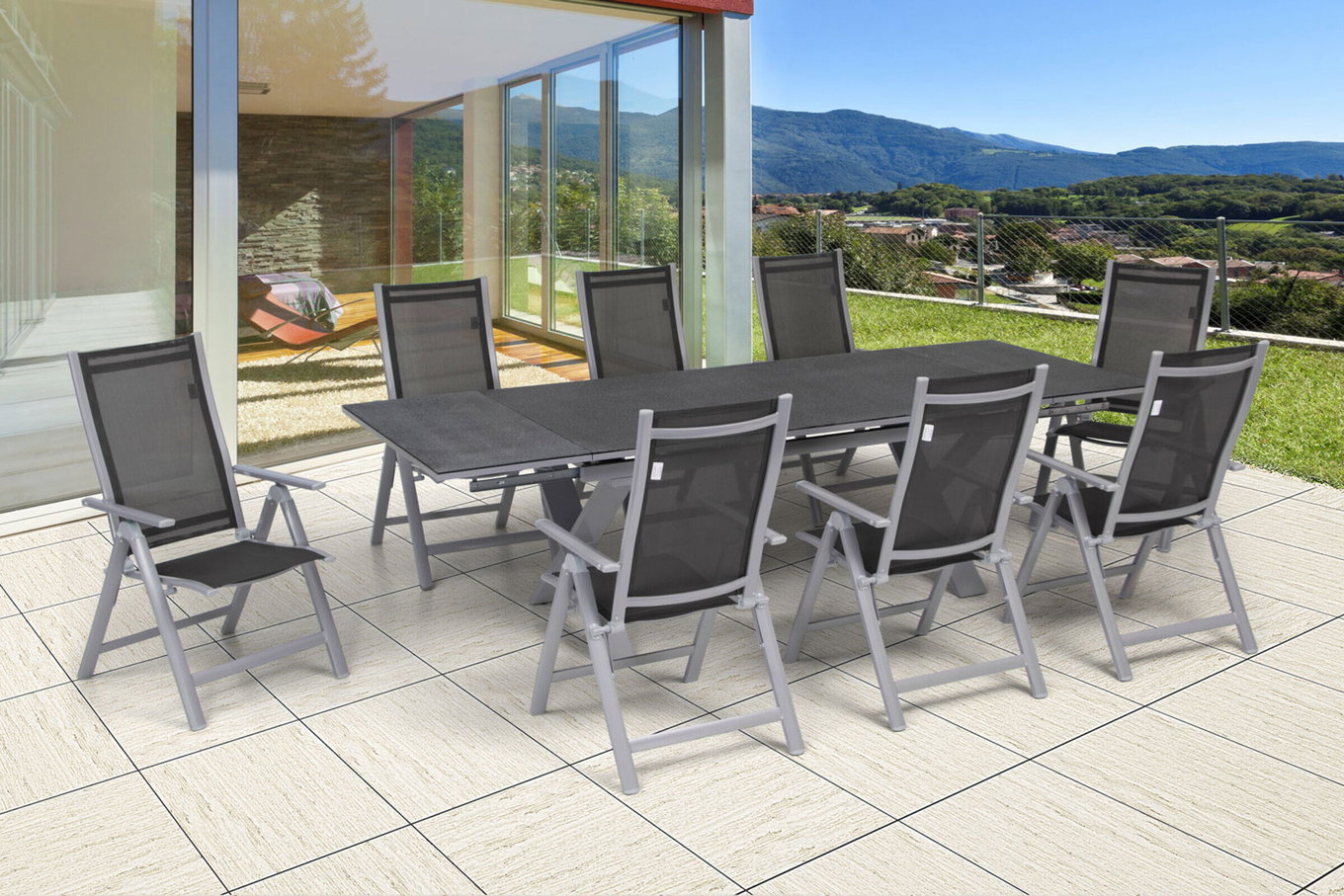 OUTFLEXX Set da pranzo da giardino, argento, alluminio / Spraystone / textilene, tavolo 180/280x100cm, 8 sedie pieghevoli 22212__1
